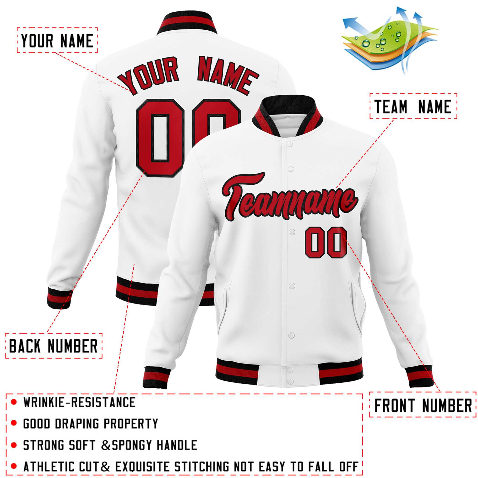 Custom White Red-Black Classic Style Varsity Full-Snap Letterman Jacket | KXKSHOP