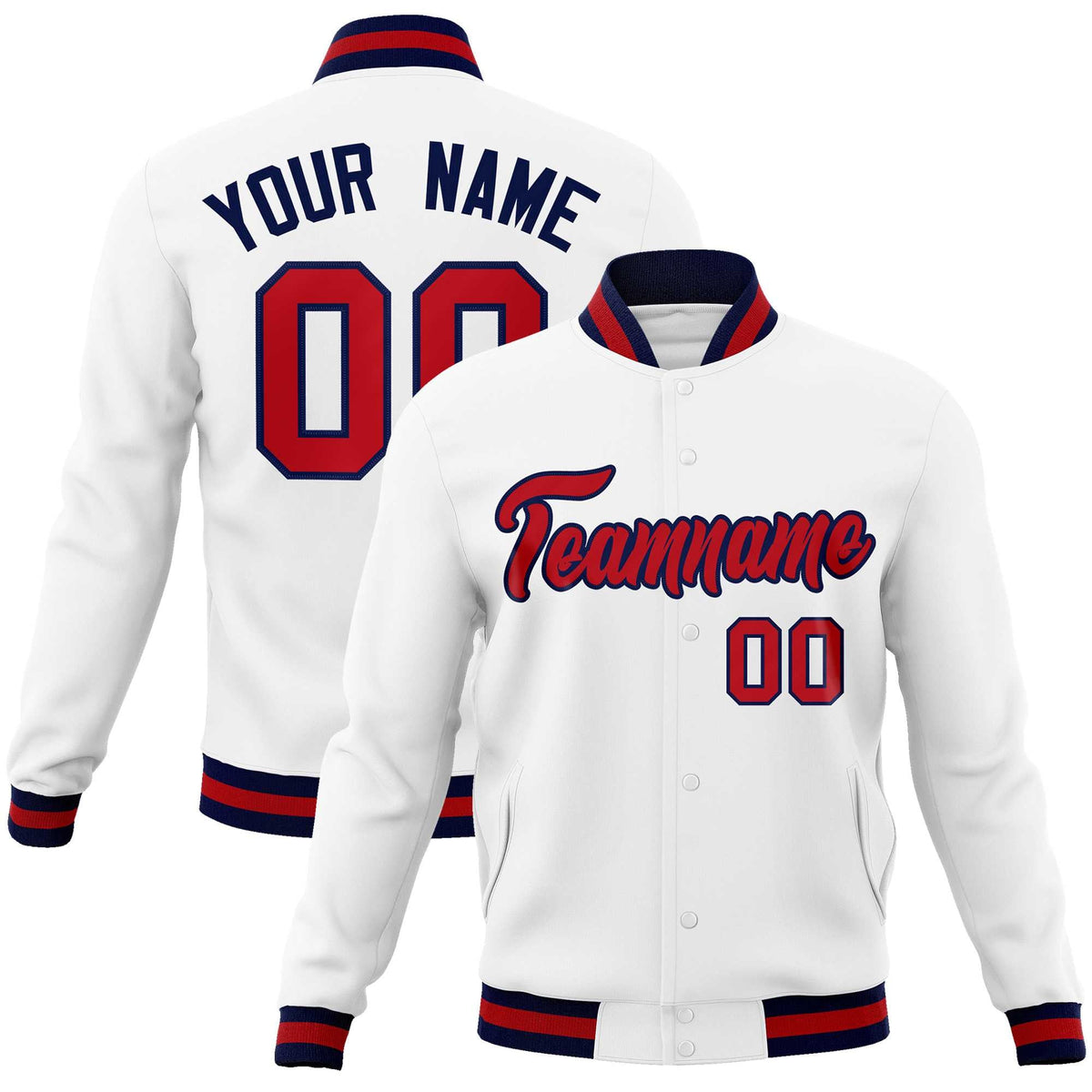 Custom White Red-Black Classic Style Varsity Full-Snap Letterman Jacket | KXKSHOP