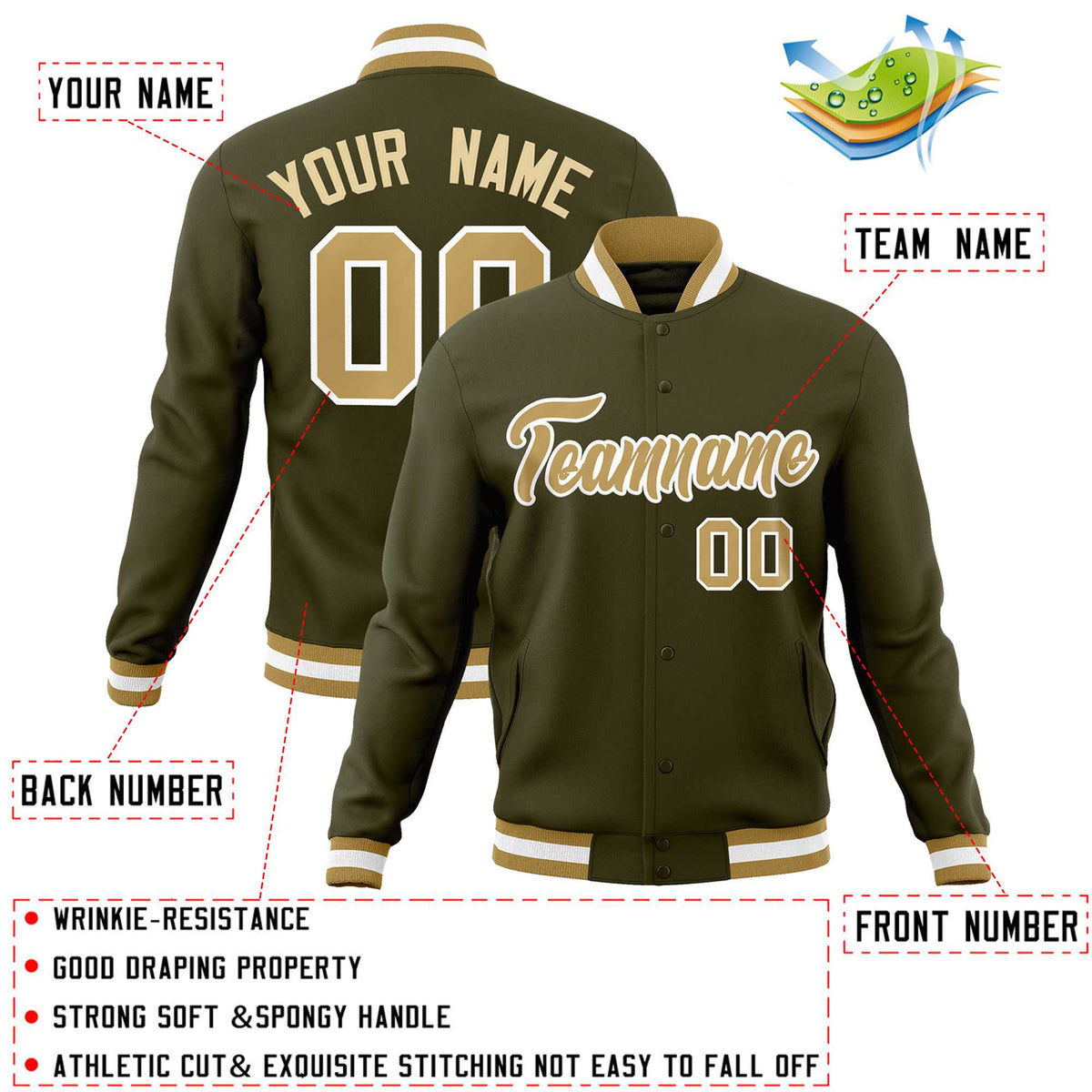 Custom Olive Old Gold-White Classic Style Varsity Full-Snap Letterman Jacket