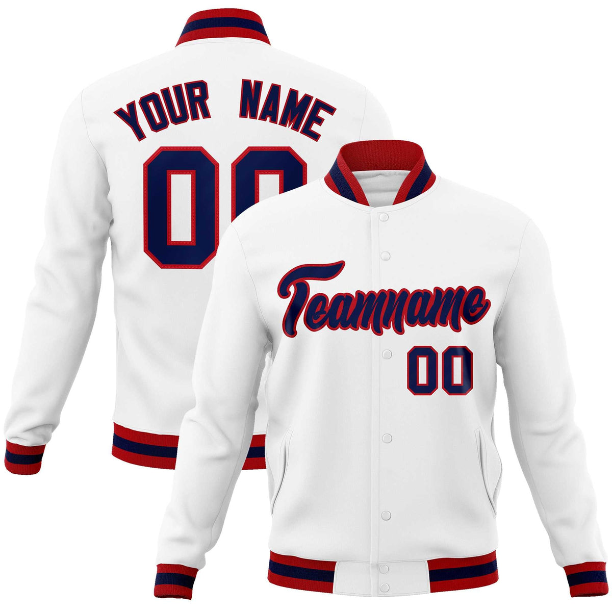 Custom White Red-Black Classic Style Varsity Full-Snap Letterman Jacket | KXKSHOP