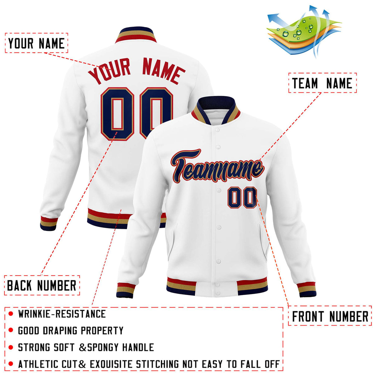 Custom White Red-Black Classic Style Varsity Full-Snap Letterman Jacket | KXKSHOP