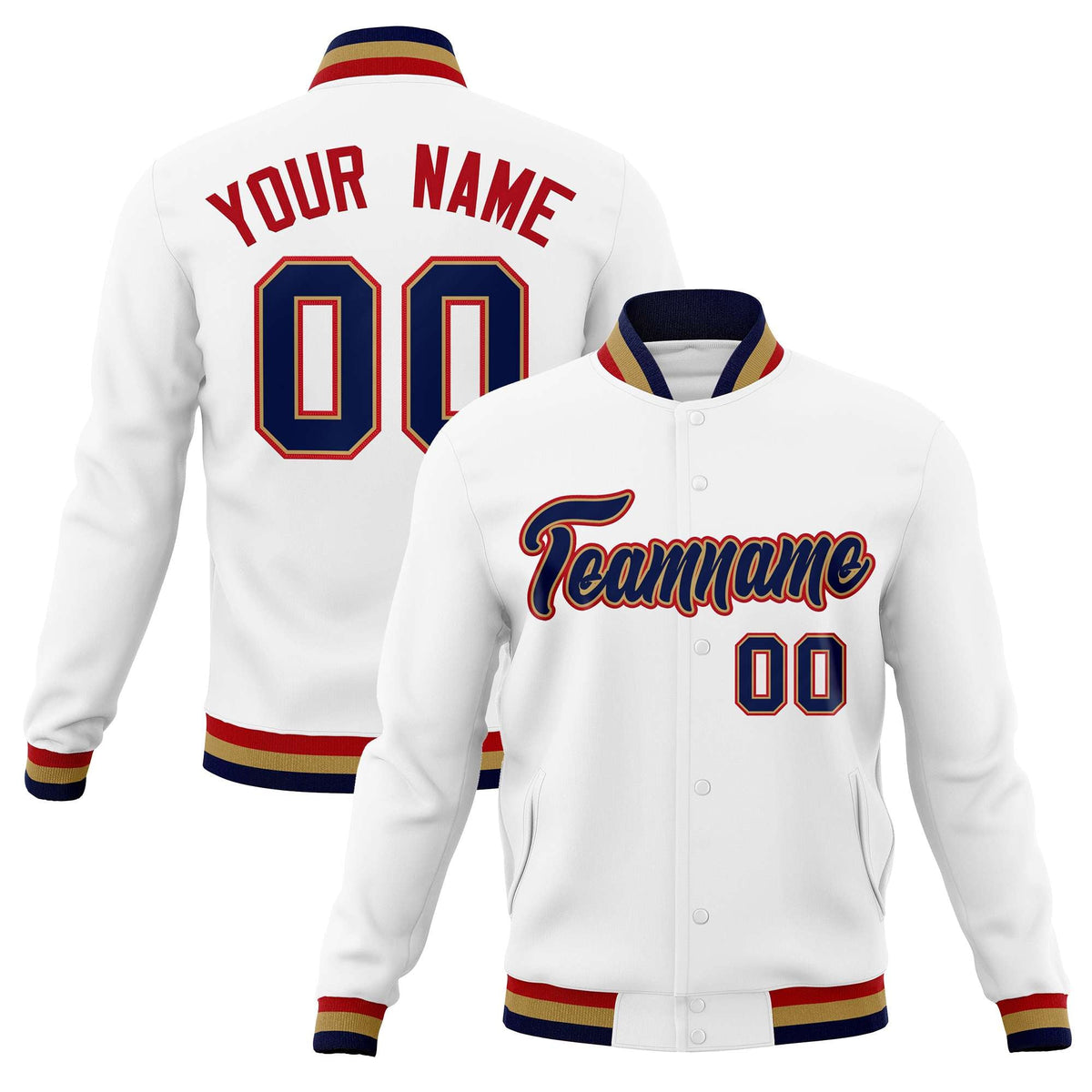 Custom White Red-Black Classic Style Varsity Full-Snap Letterman Jacket | KXKSHOP