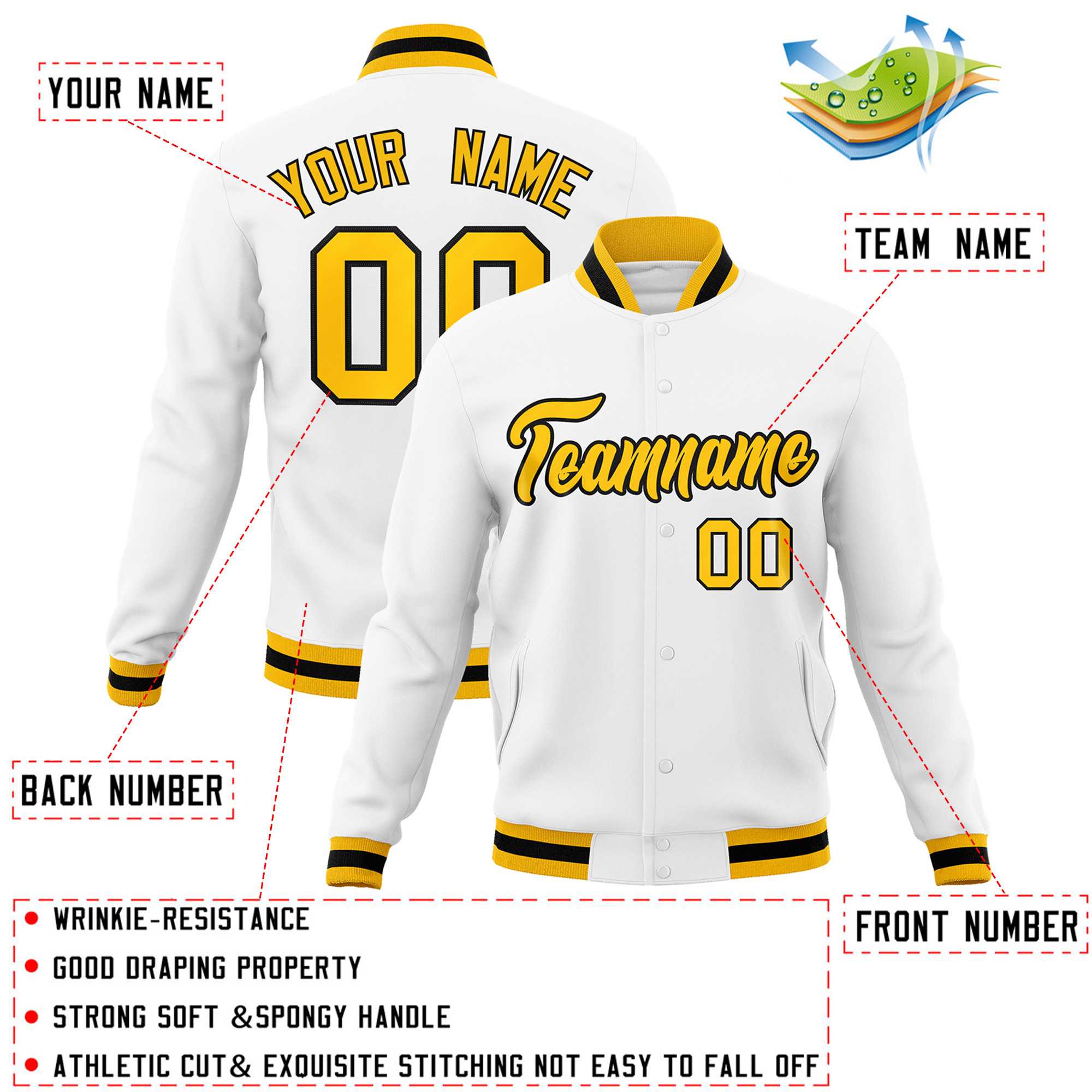 Custom White Red-Black Classic Style Varsity Full-Snap Letterman Jacket | KXKSHOP