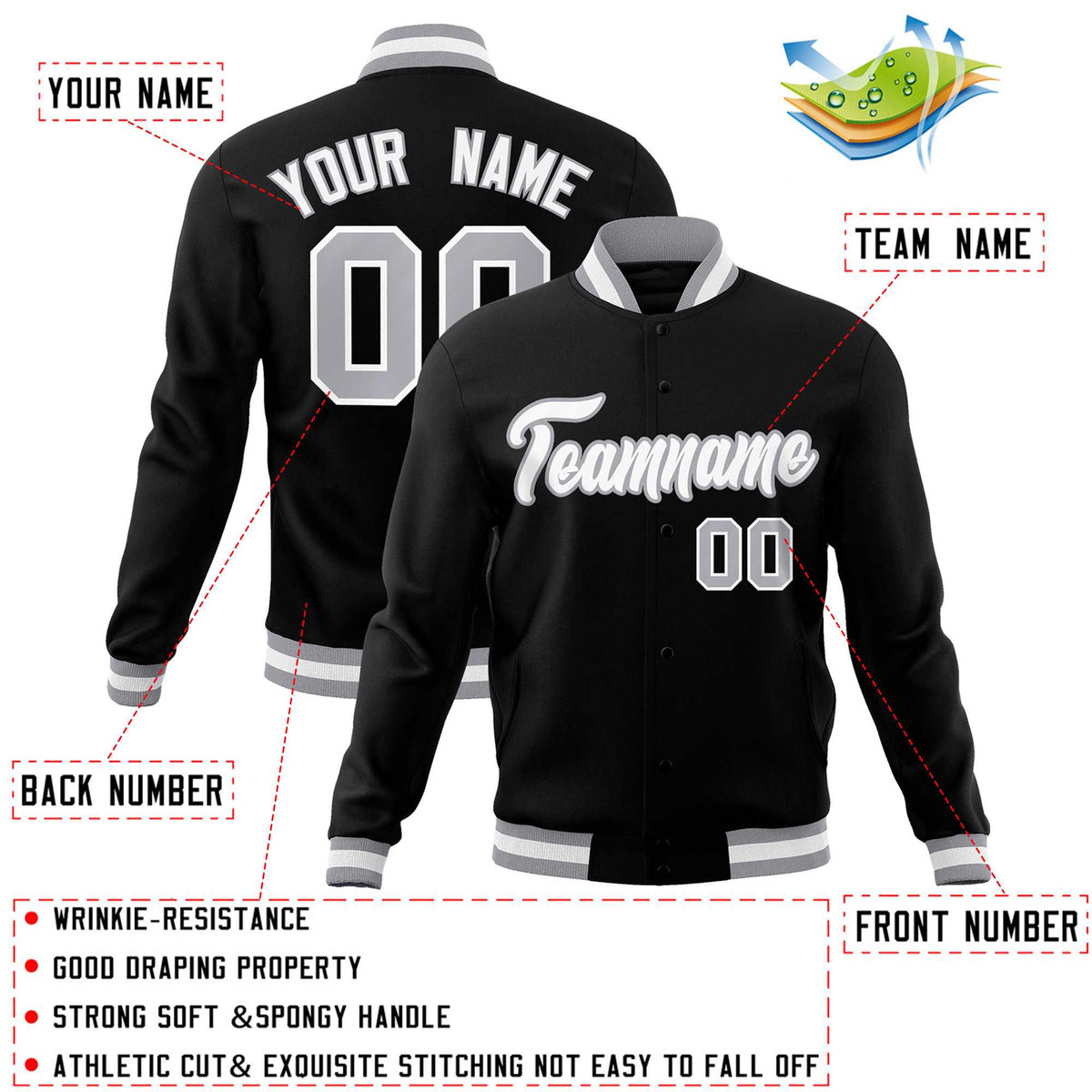 Custom White Red-Black Classic Style Varsity Full-Snap Letterman Jacket | KXKSHOP