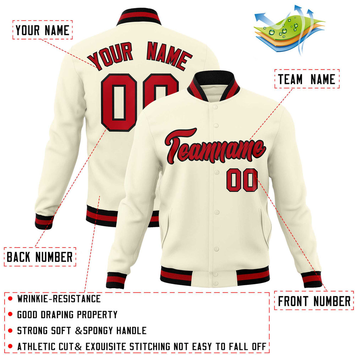 Custom White Red-Black Classic Style Varsity Full-Snap Letterman Jacket | KXKSHOP