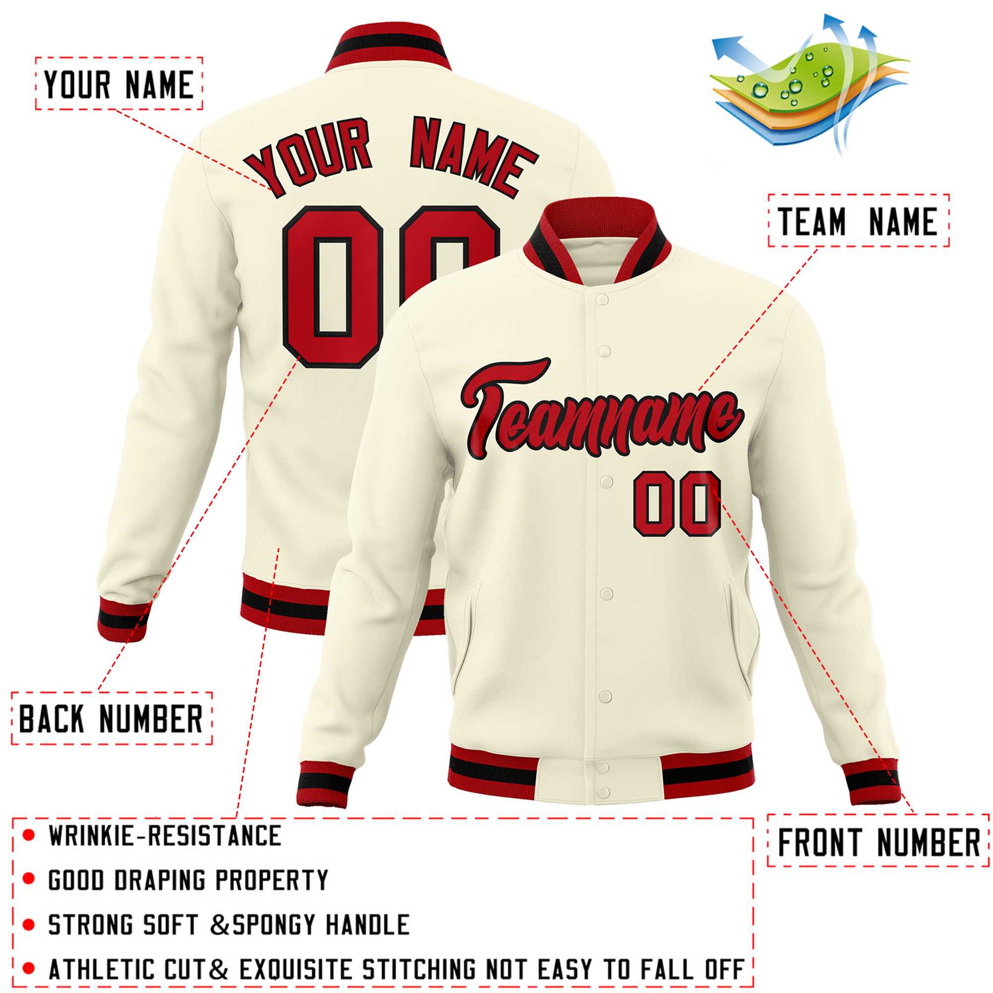 Custom White Red-Black Classic Style Varsity Full-Snap Letterman Jacket | KXKSHOP