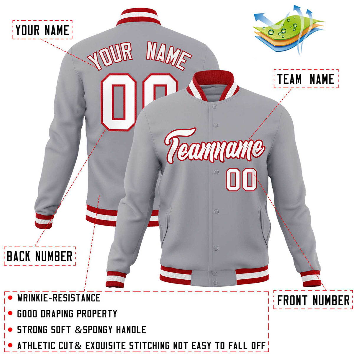 Custom White Red-Black Classic Style Varsity Full-Snap Letterman Jacket | KXKSHOP