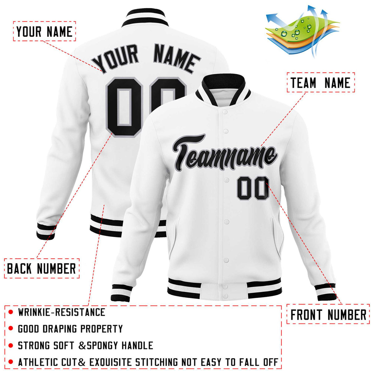 Custom White Black-Gray Classic Style Varsity Full-Snap Letterman Jacket | KXKSHOP