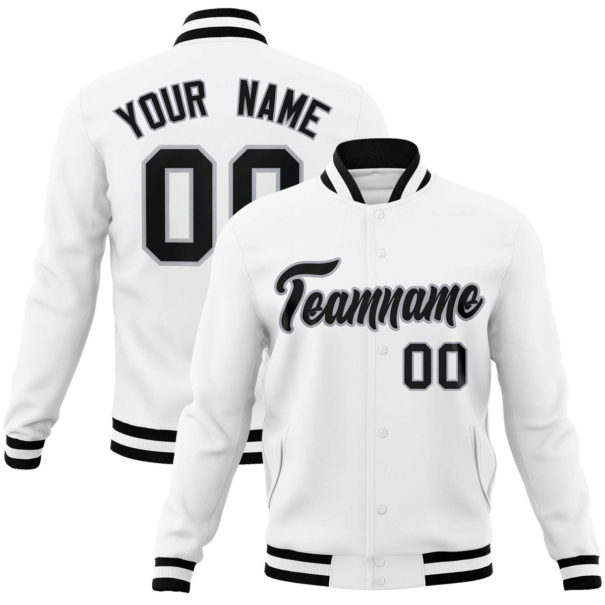 Custom White Black-Gray Classic Style Varsity Full-Snap Letterman Jacket | KXKSHOP