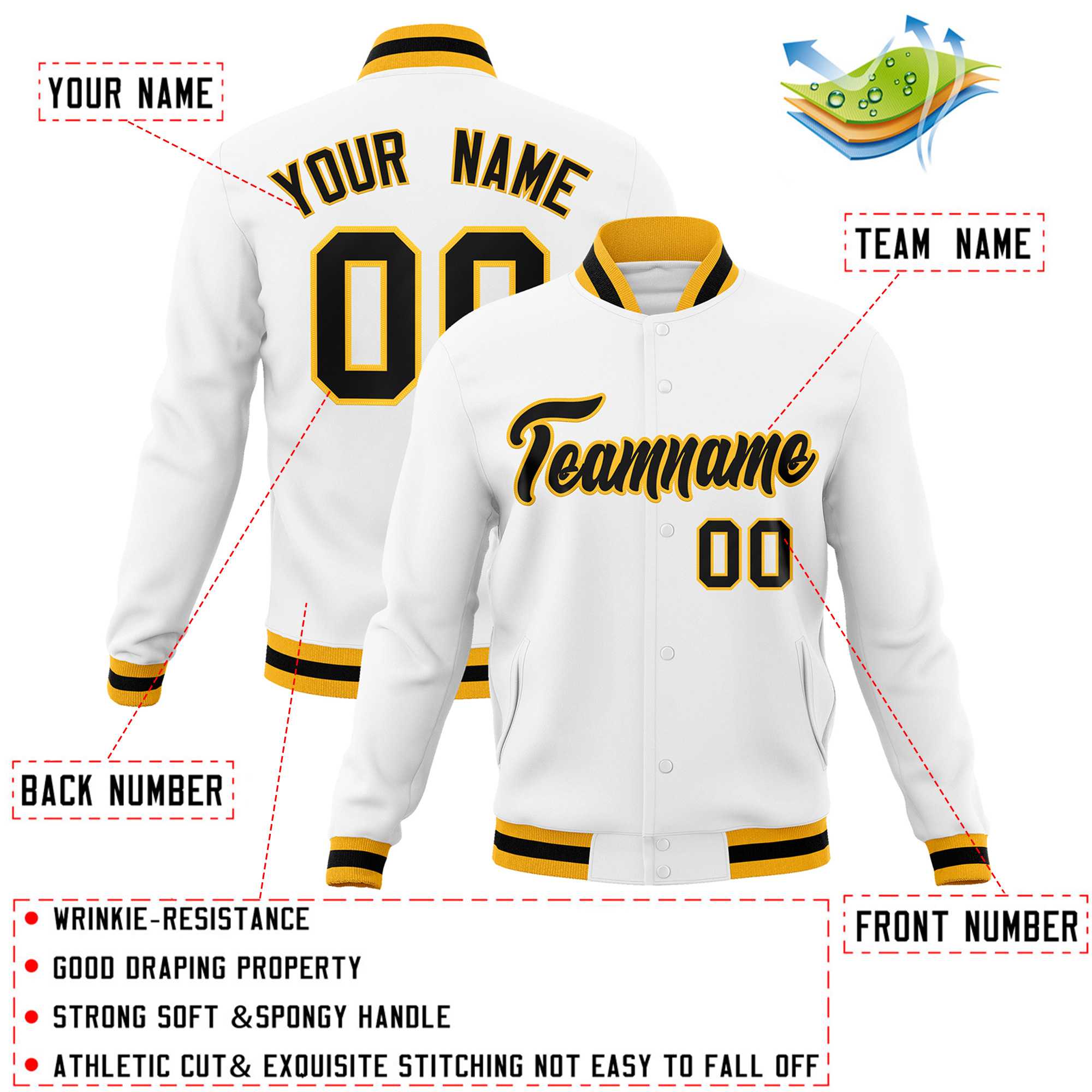 Custom White Black-Gold Classic Style Varsity Full-Snap Letterman Jacket