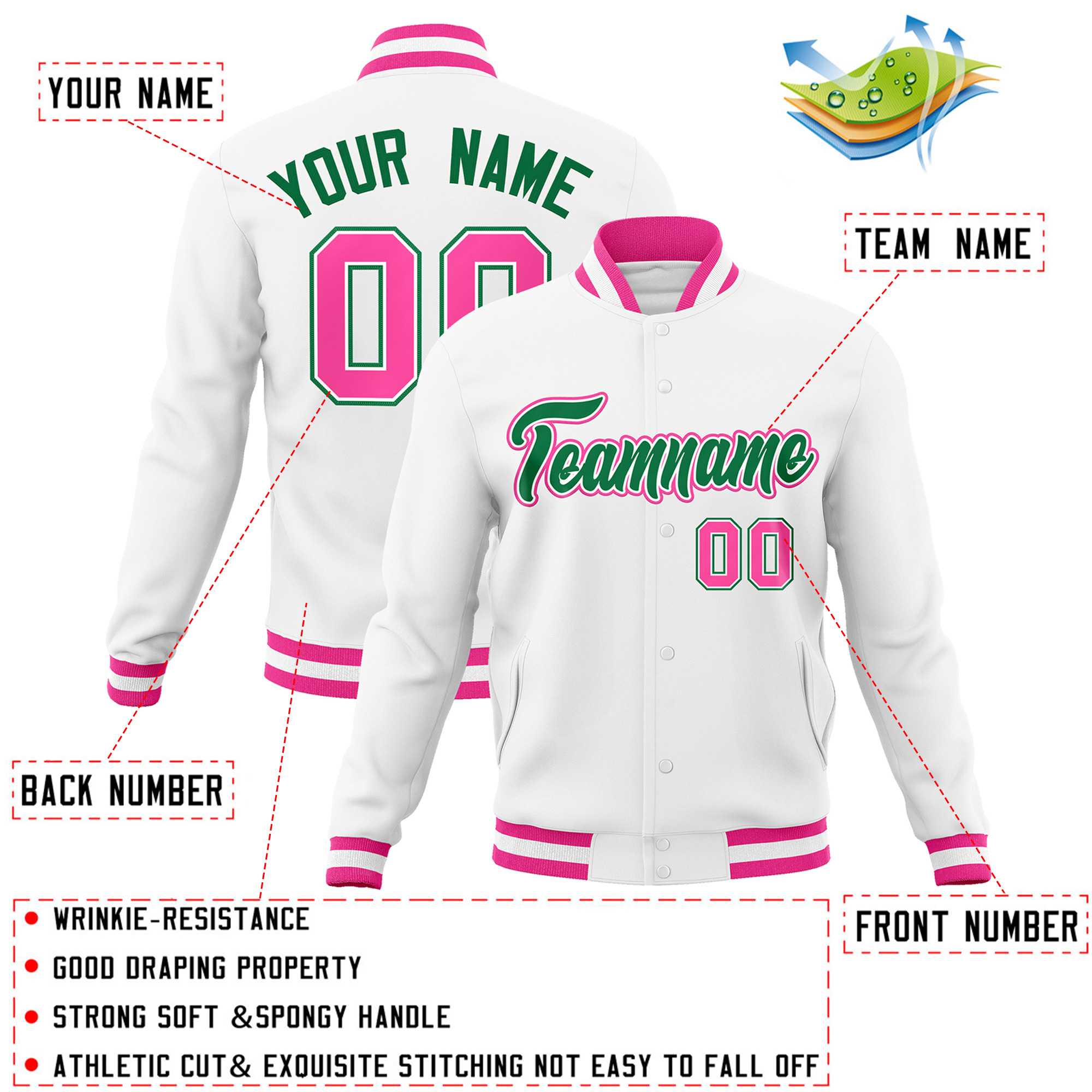 Custom White Kelly Green-Pink Classic Style Varsity Full-Snap Letterman Jacket