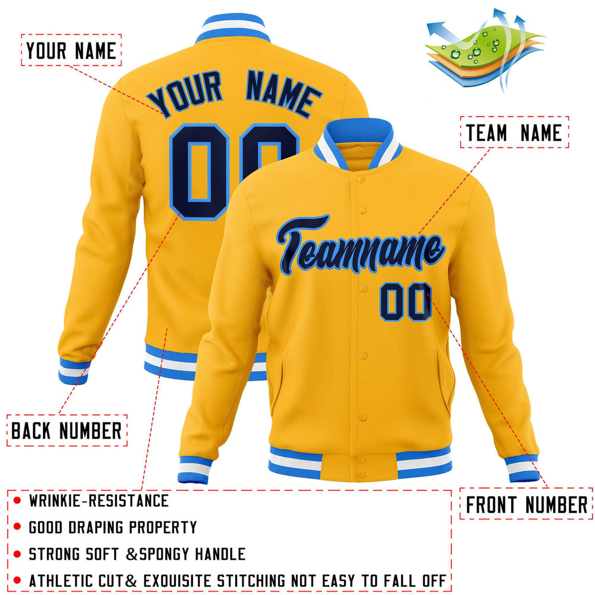 Custom Yellow Navy-Powder Blue Classic Style Varsity Full-Snap Letterman Jacket