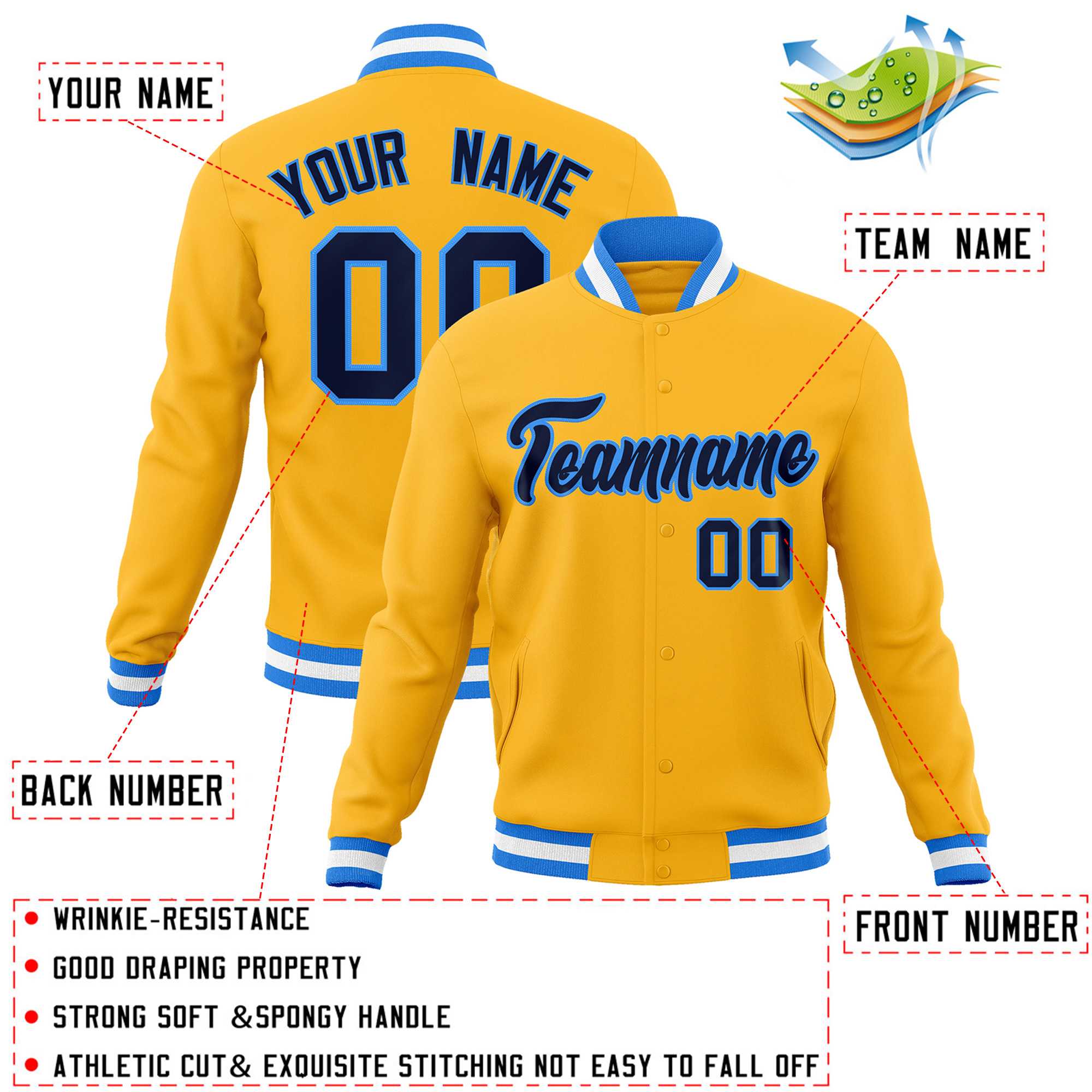 Custom Yellow Navy-Powder Blue Classic Style Varsity Full-Snap Letterman Jacket