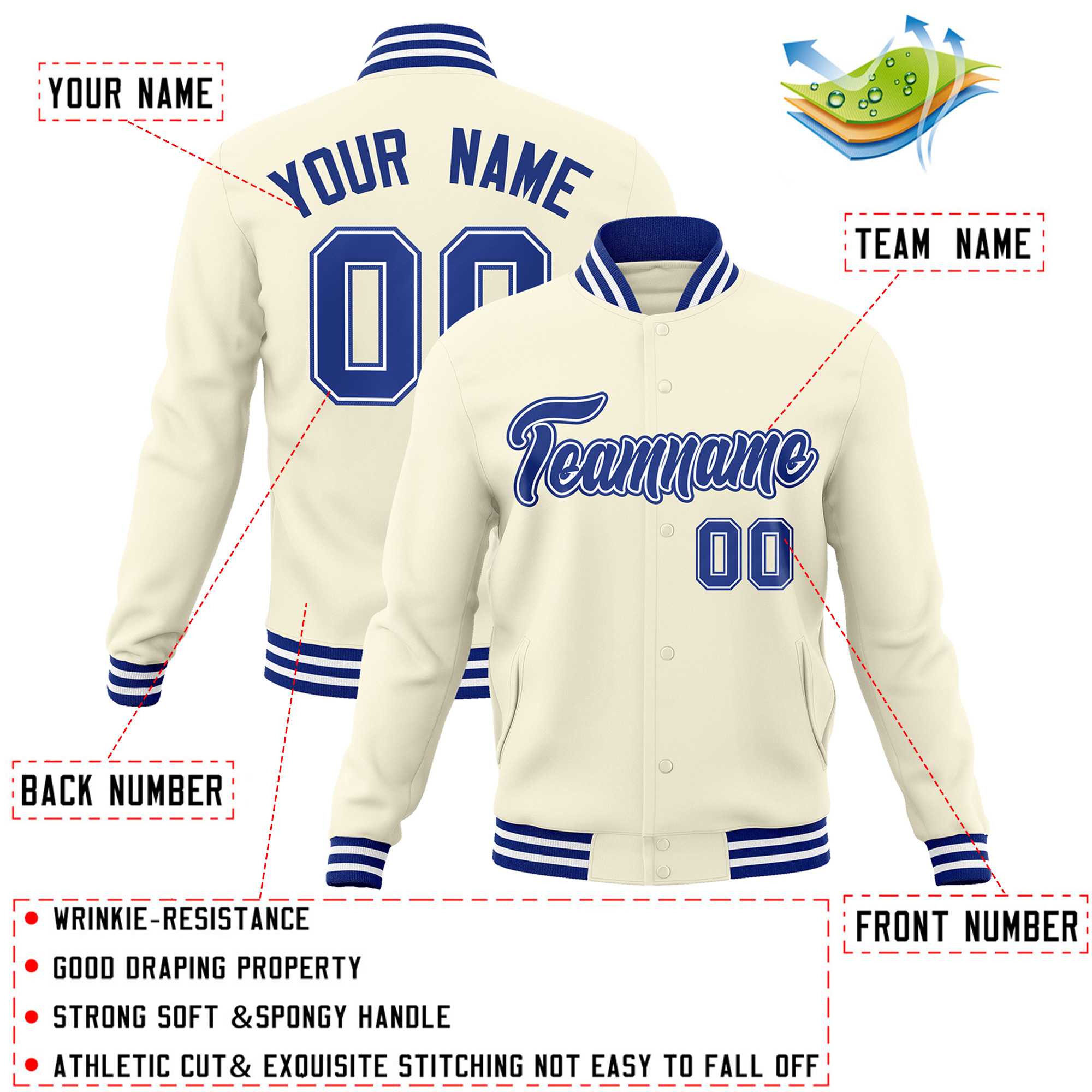 Custom Khaki Royal-Royal Classic Style Varsity Full-Snap Letterman Jacket
