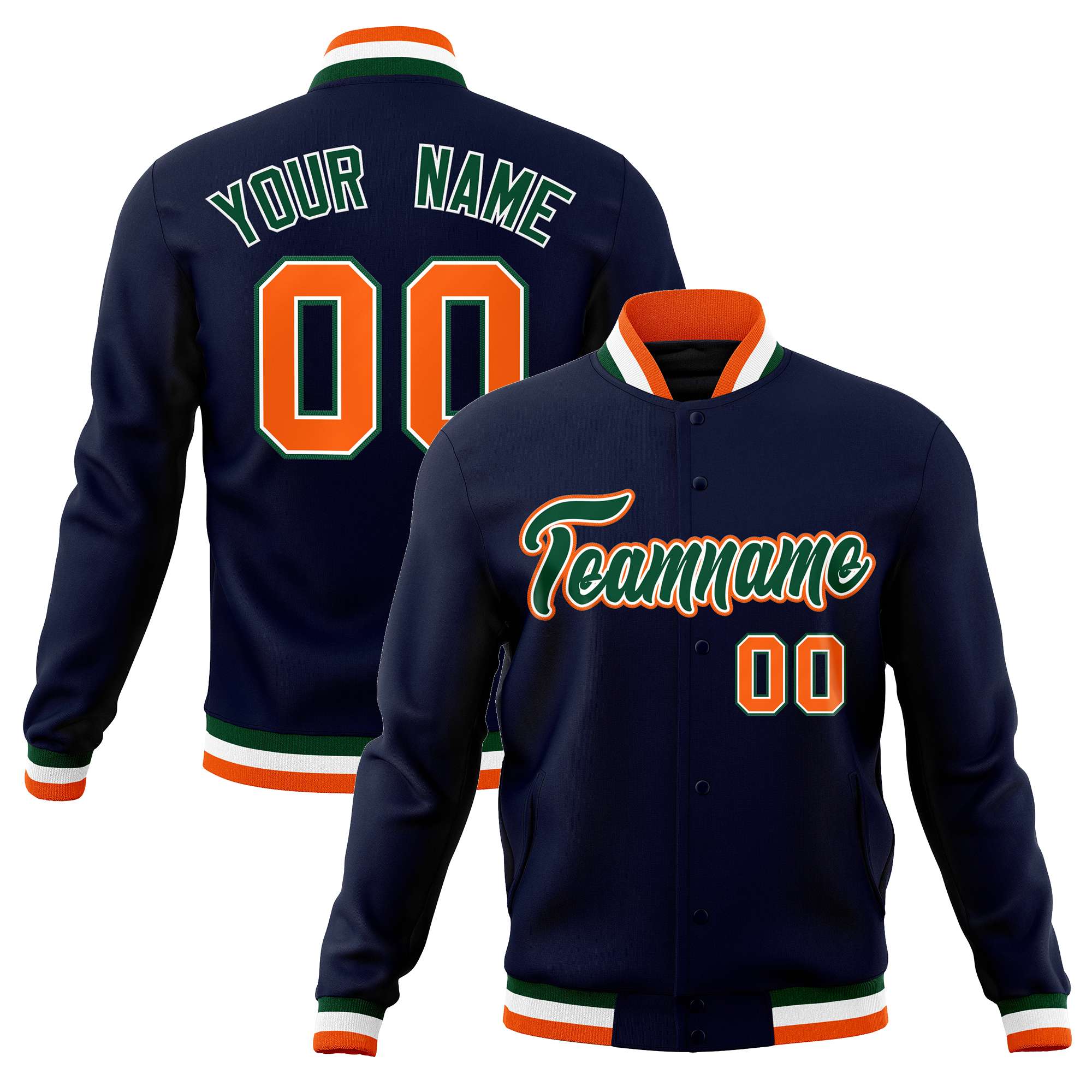 Veste universitaire Letterman personnalisée bleu marine, vert et orange, style classique, avec boutons-pression