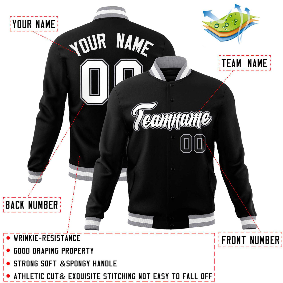 Custom White Black-Gray Classic Style Varsity Full-Snap Letterman Jacket | KXKSHOP