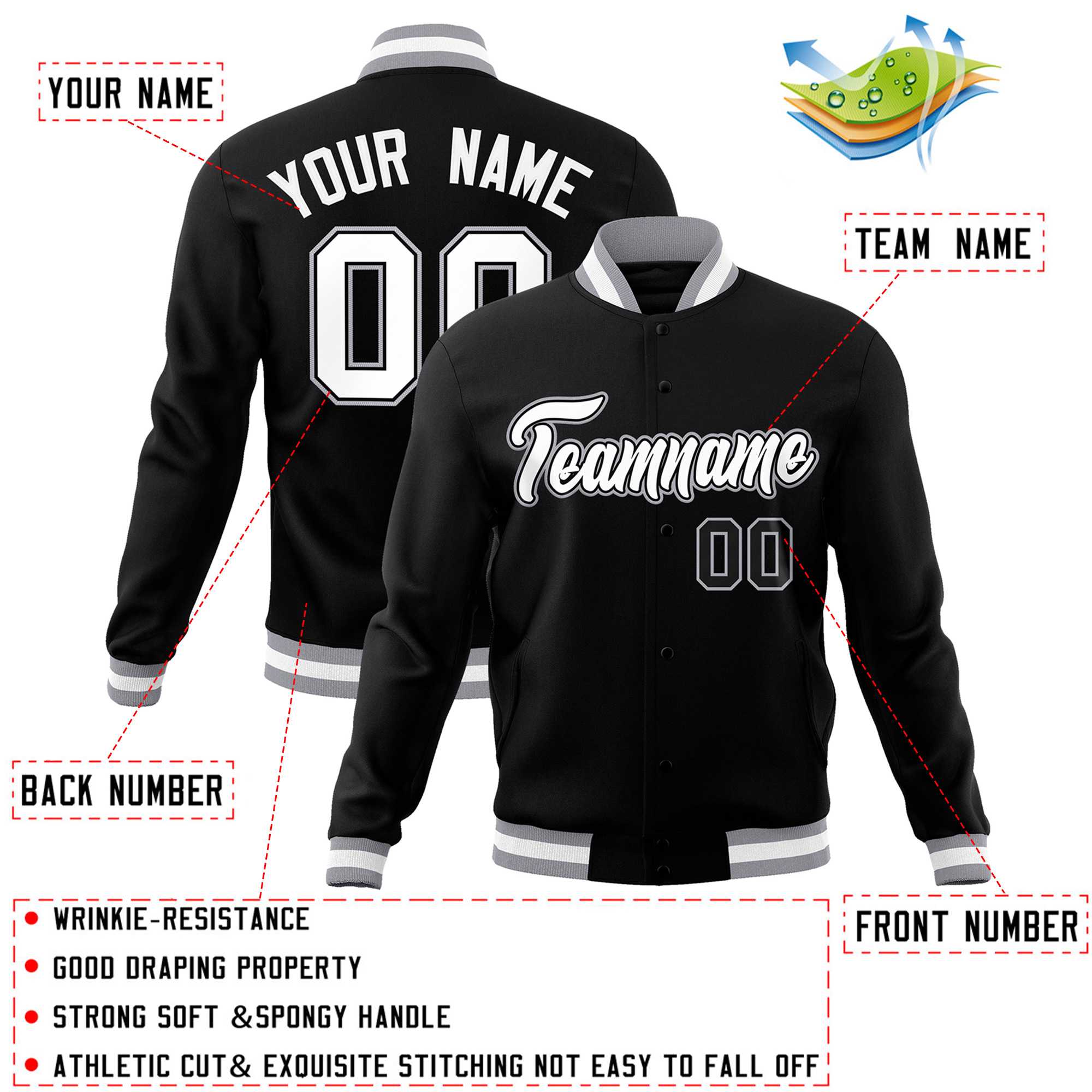 Custom White Black-Gray Classic Style Varsity Full-Snap Letterman Jacket | KXKSHOP