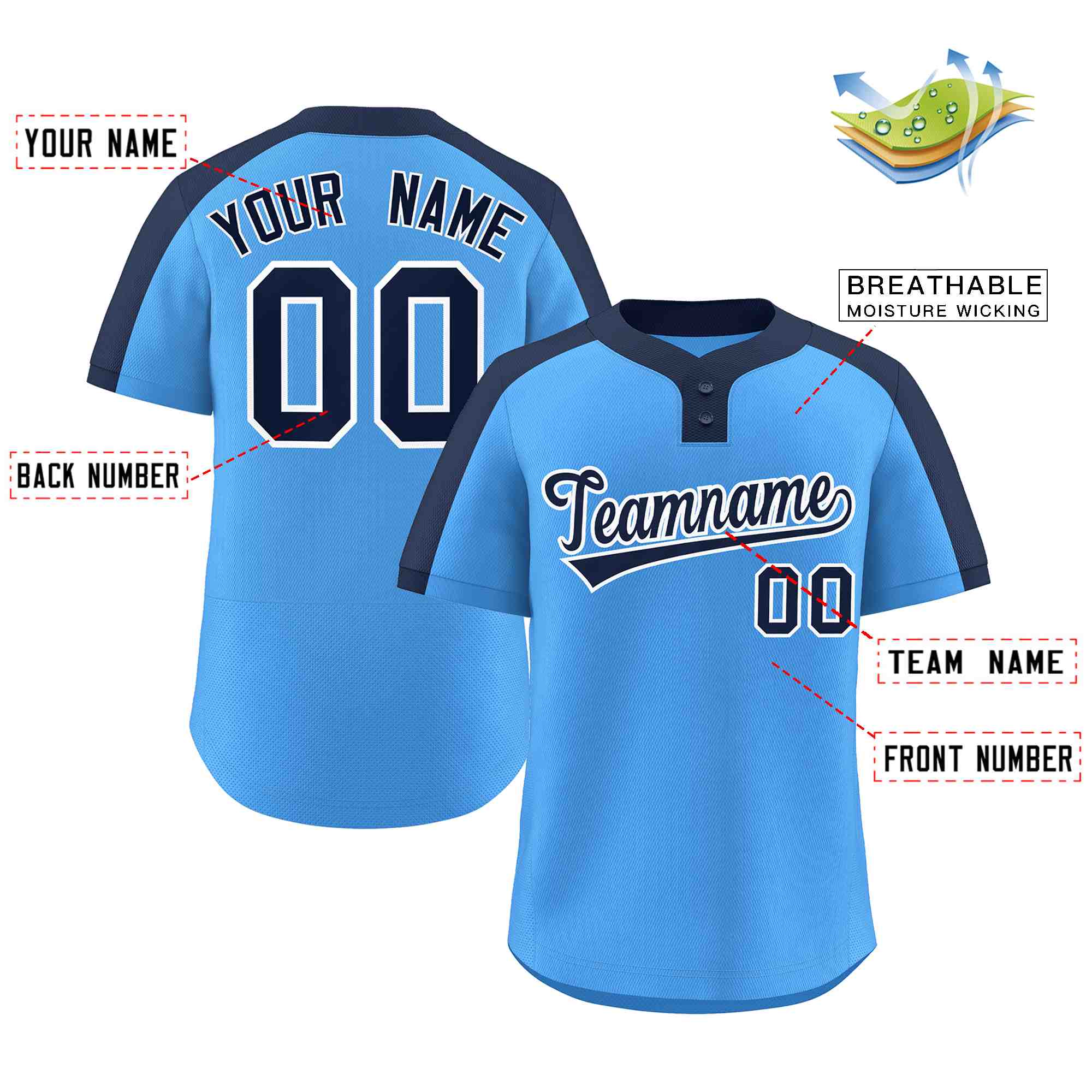 Custom Powder Blue Navy-White Classic Style Authentic Two-Button Softball Jersey