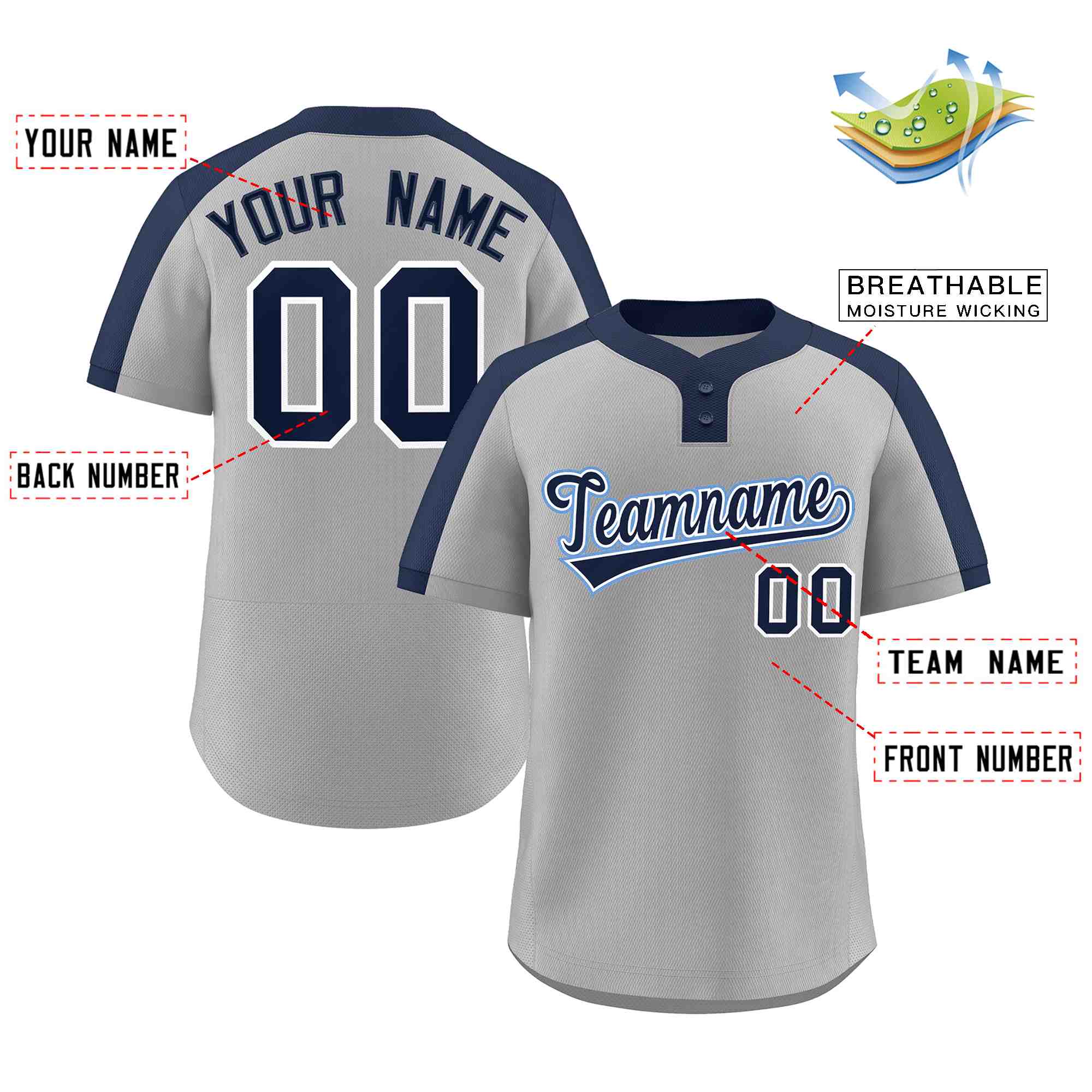 Custom Gray Navy-White Classic Style Authentic Two-Button Softball Jersey