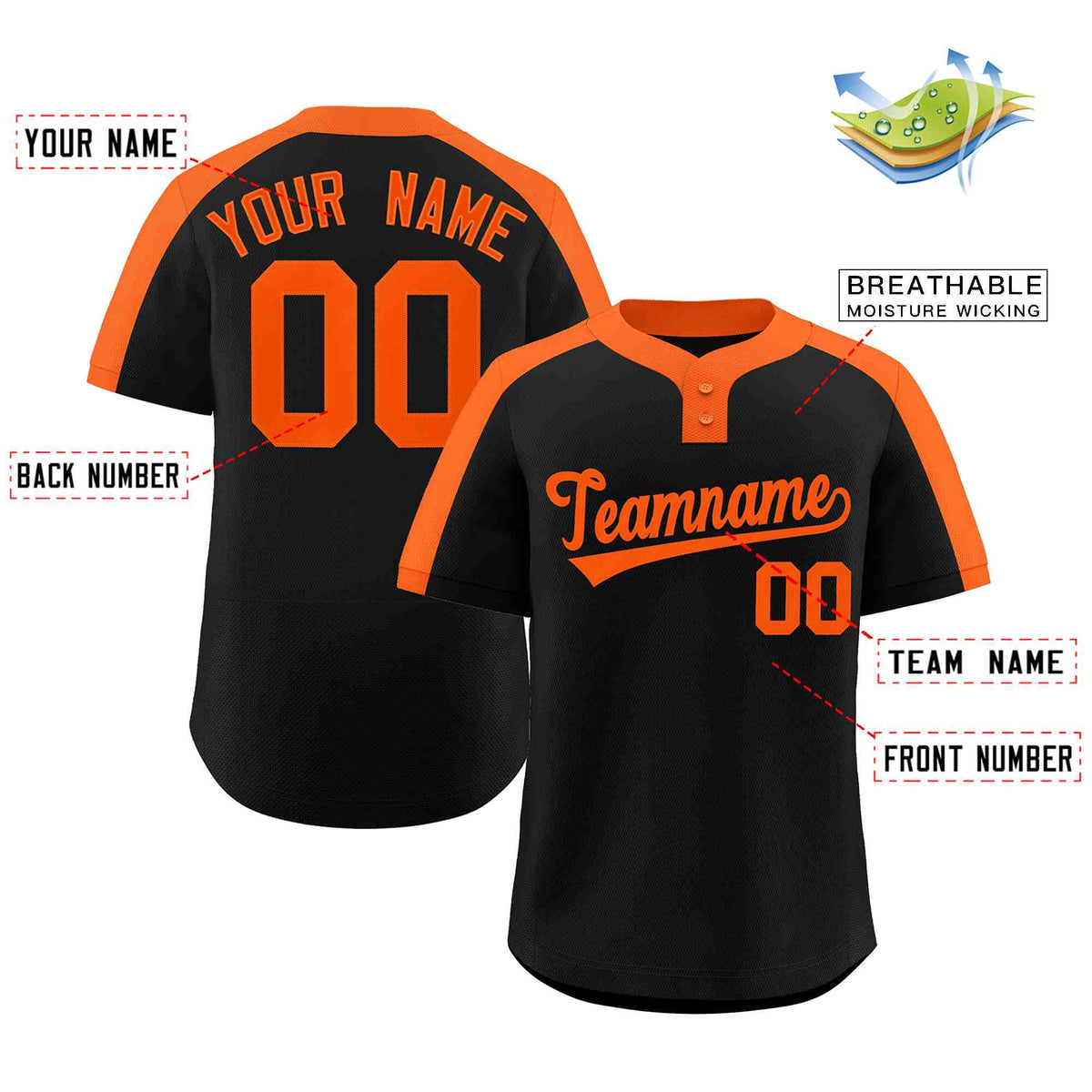 Custom Black Orange Classic Style Authentic Two-Button Softball Jersey