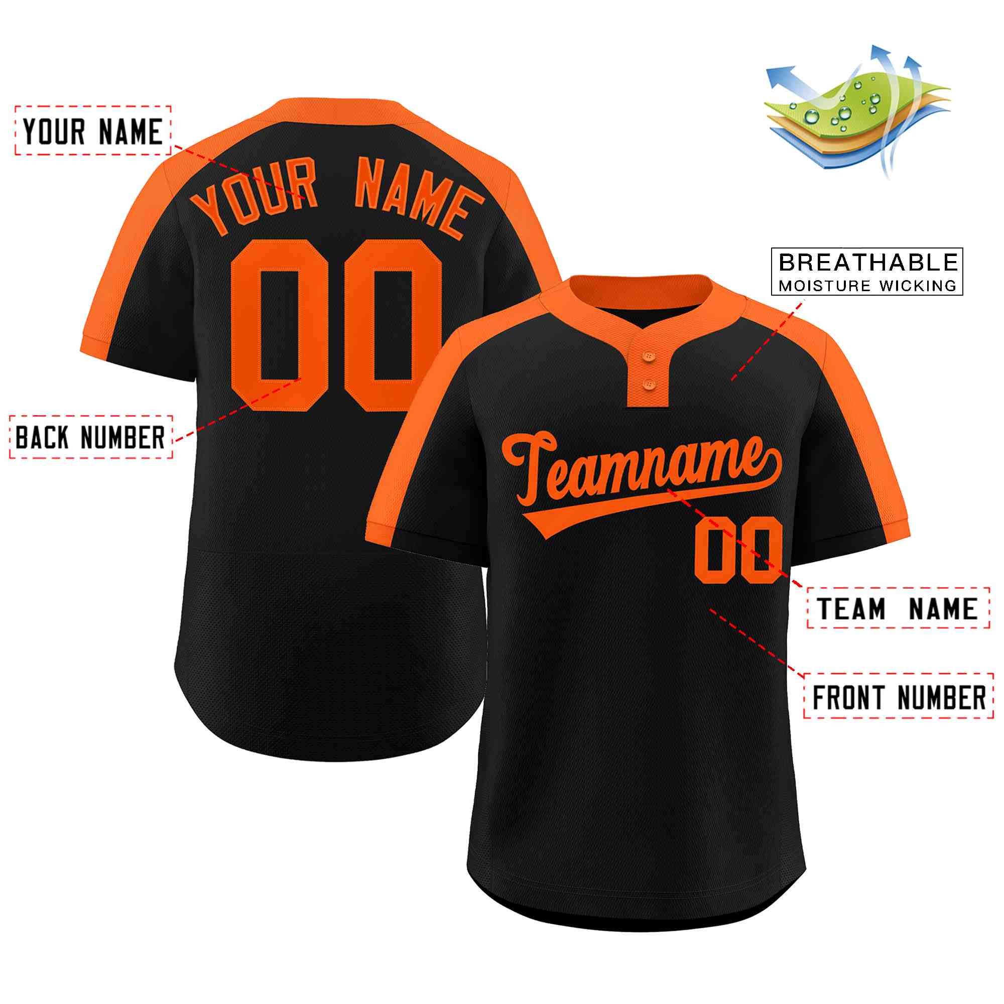 Custom Black Orange Classic Style Authentic Two-Button Softball Jersey
