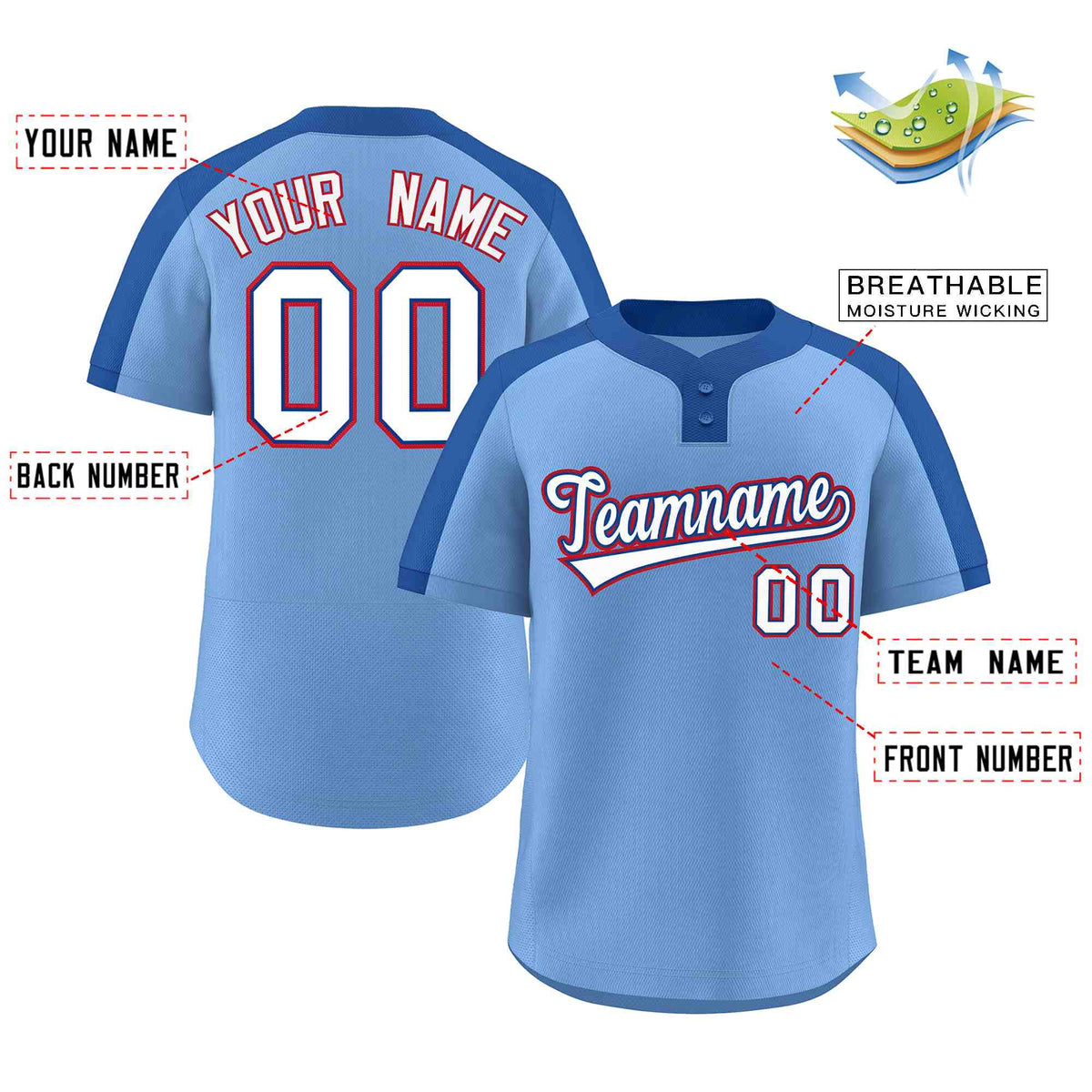 Custom Light Blue White-Royal Classic Style Authentic Two-Button Softball Jersey