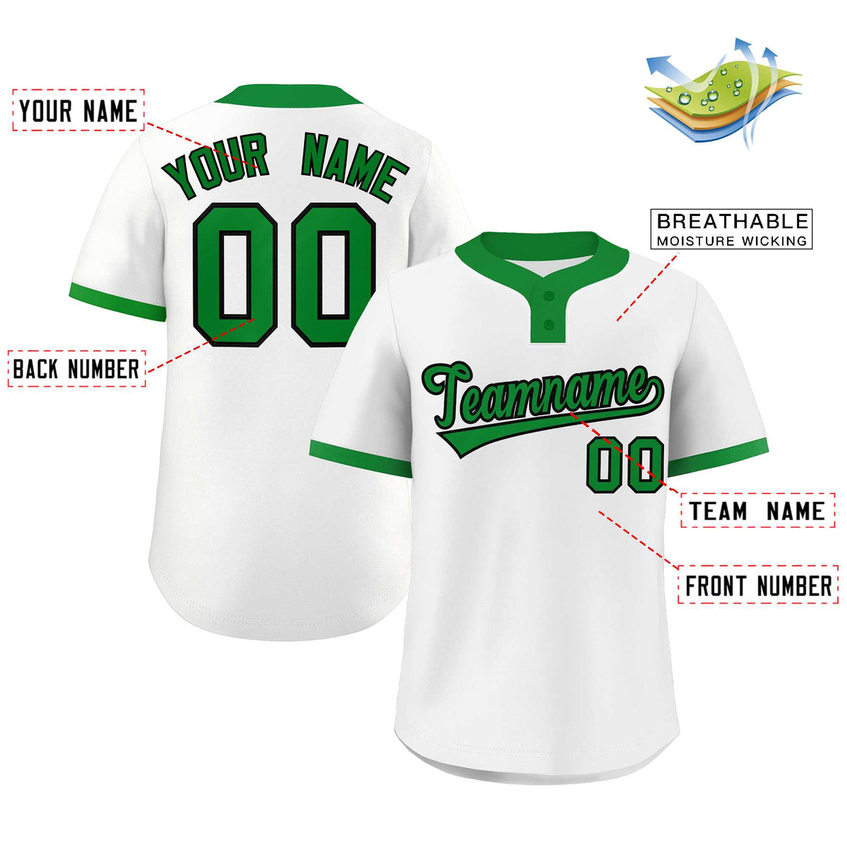 Maillot de baseball authentique à deux boutons, style classique, blanc, vert Kelly et noir