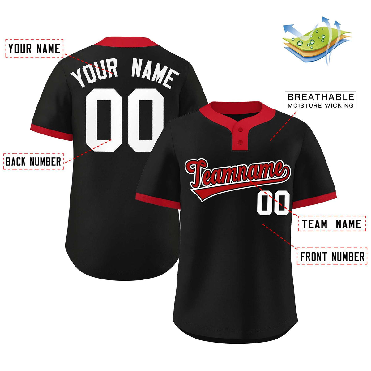 Benutzerdefinierte schwarz rot-weiß klassischen Stil authentische Zwei-Knopf Baseball Jersey
