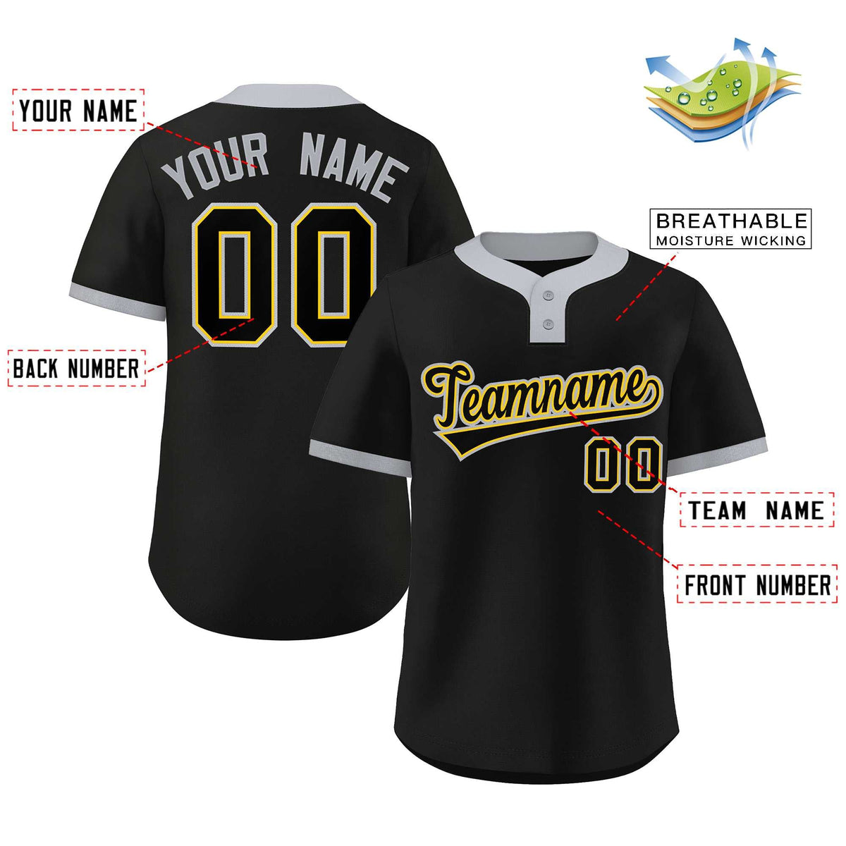 Benutzerdefinierte schwarz schwarz-grau klassischen Stil authentische Zwei-Knopf Baseball Jersey