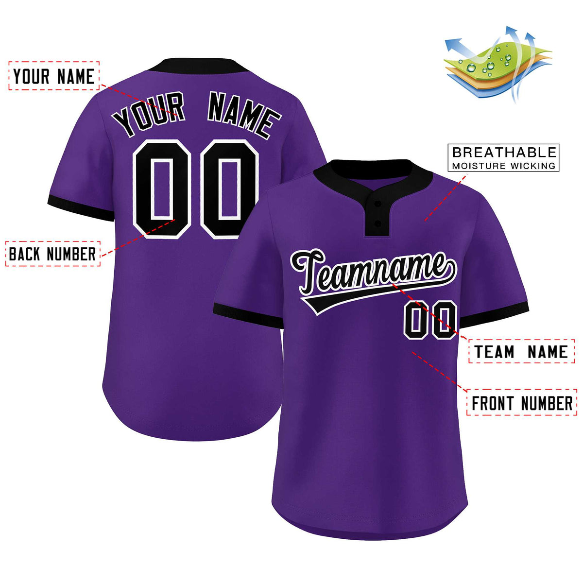 Custom Purple Black-White Classic Style Authentic Two-Button Softball Jersey