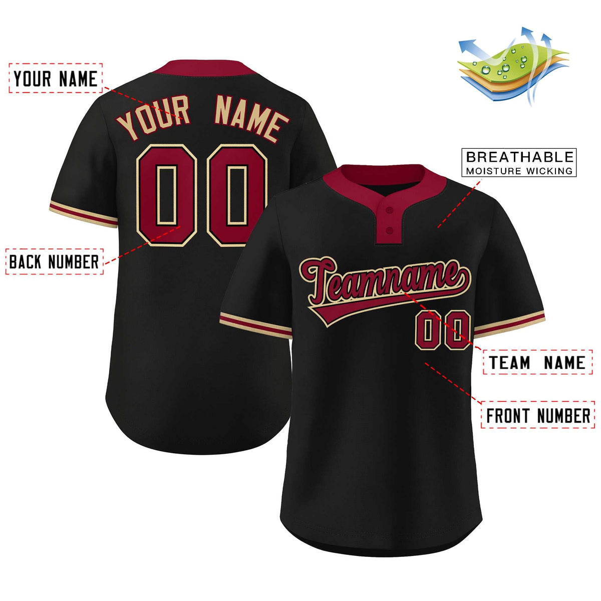 Benutzerdefiniertes schwarzes karmesinrotes-altes Gold-klassisches authentisches Baseball-Trikot mit zwei Knöpfen