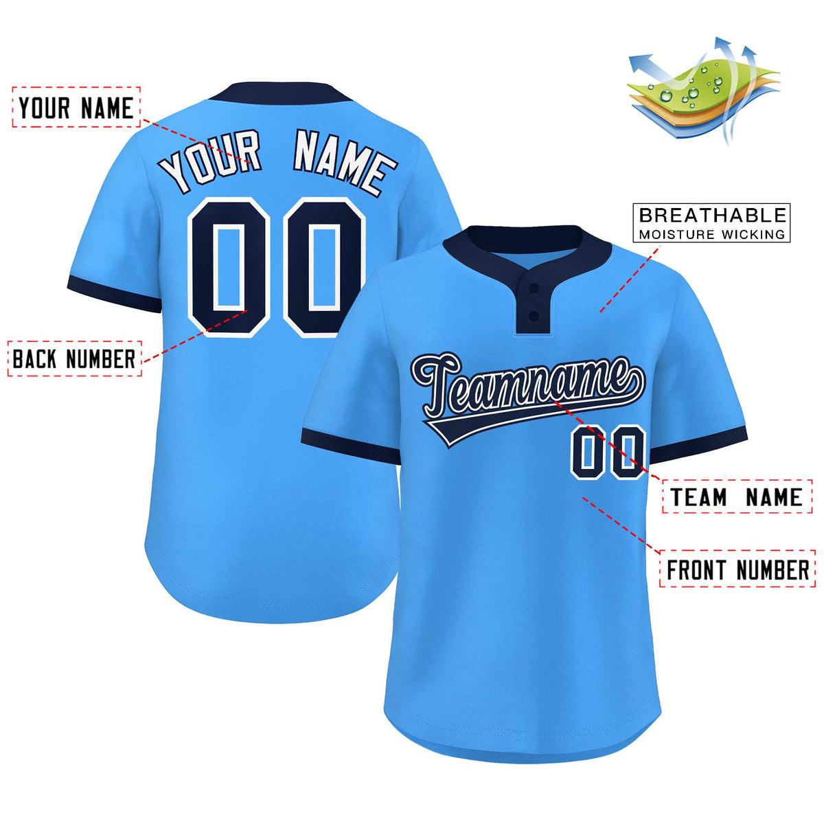 Custom Powder Blue Navy-White Classic Style Authentic Two-Button Softball Jersey