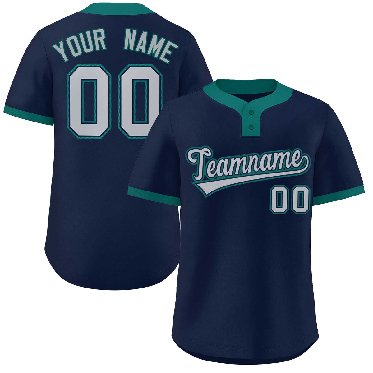 Maillot de baseball authentique à deux boutons, style classique, bleu marine, gris et turquoise