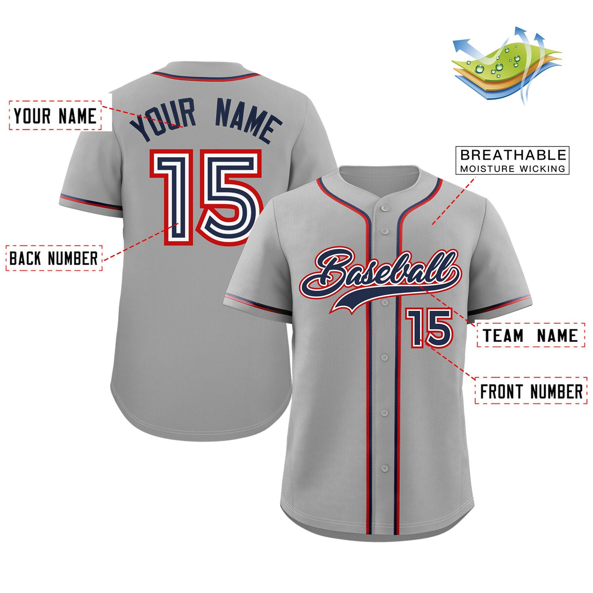 Custom Gray Navy-Red Classic Style Authentic Baseball Jersey