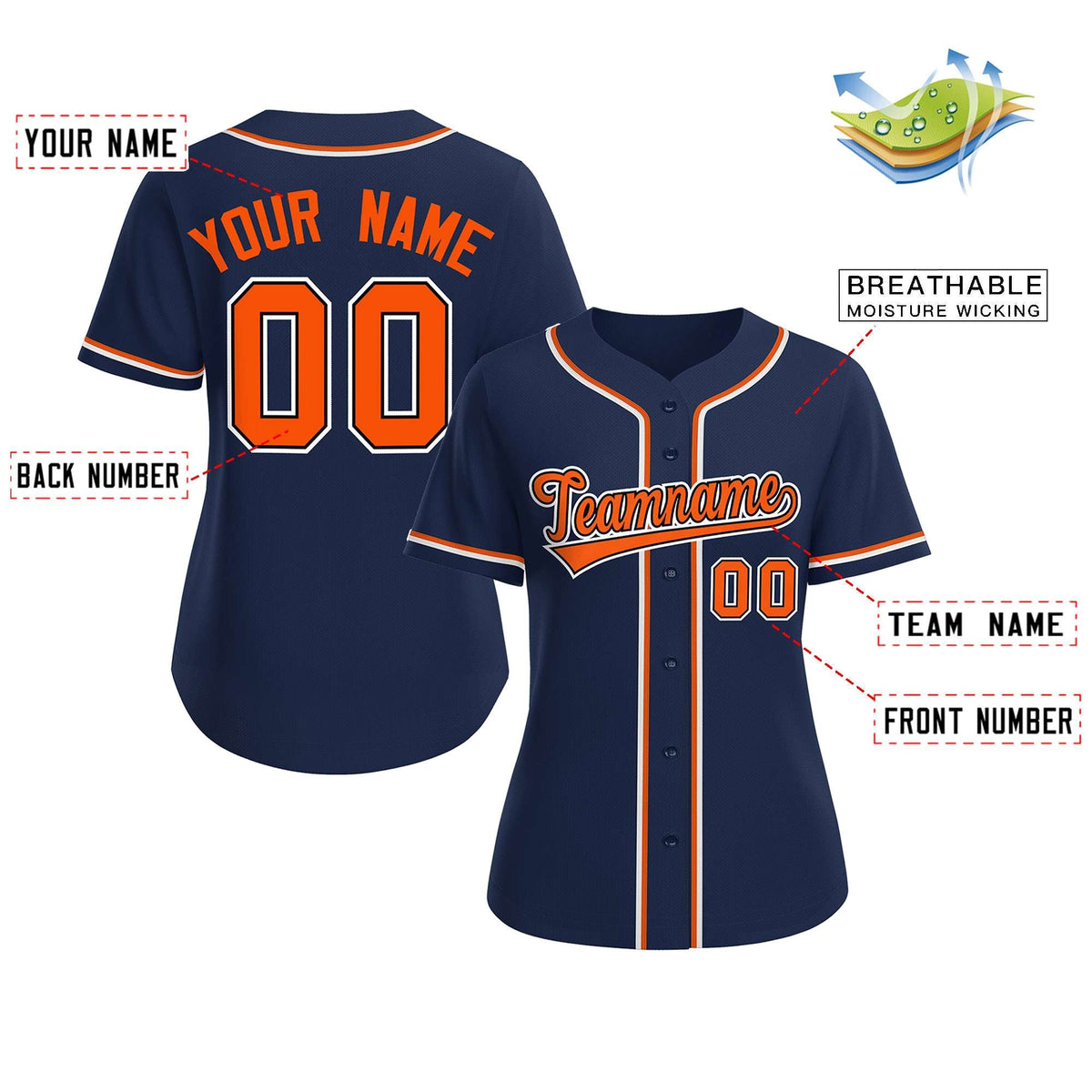 Custom Navy Orange-Black Classic Style Baseball Jersey For Women