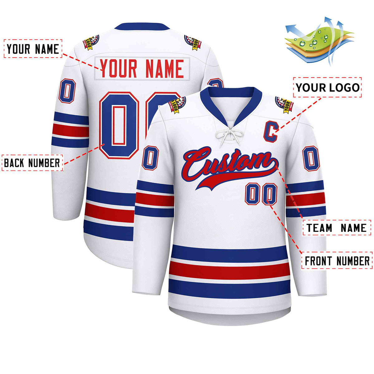 Custom White Royal-Red Lace-Up Neck Hockey Jersey | KXKSHOP