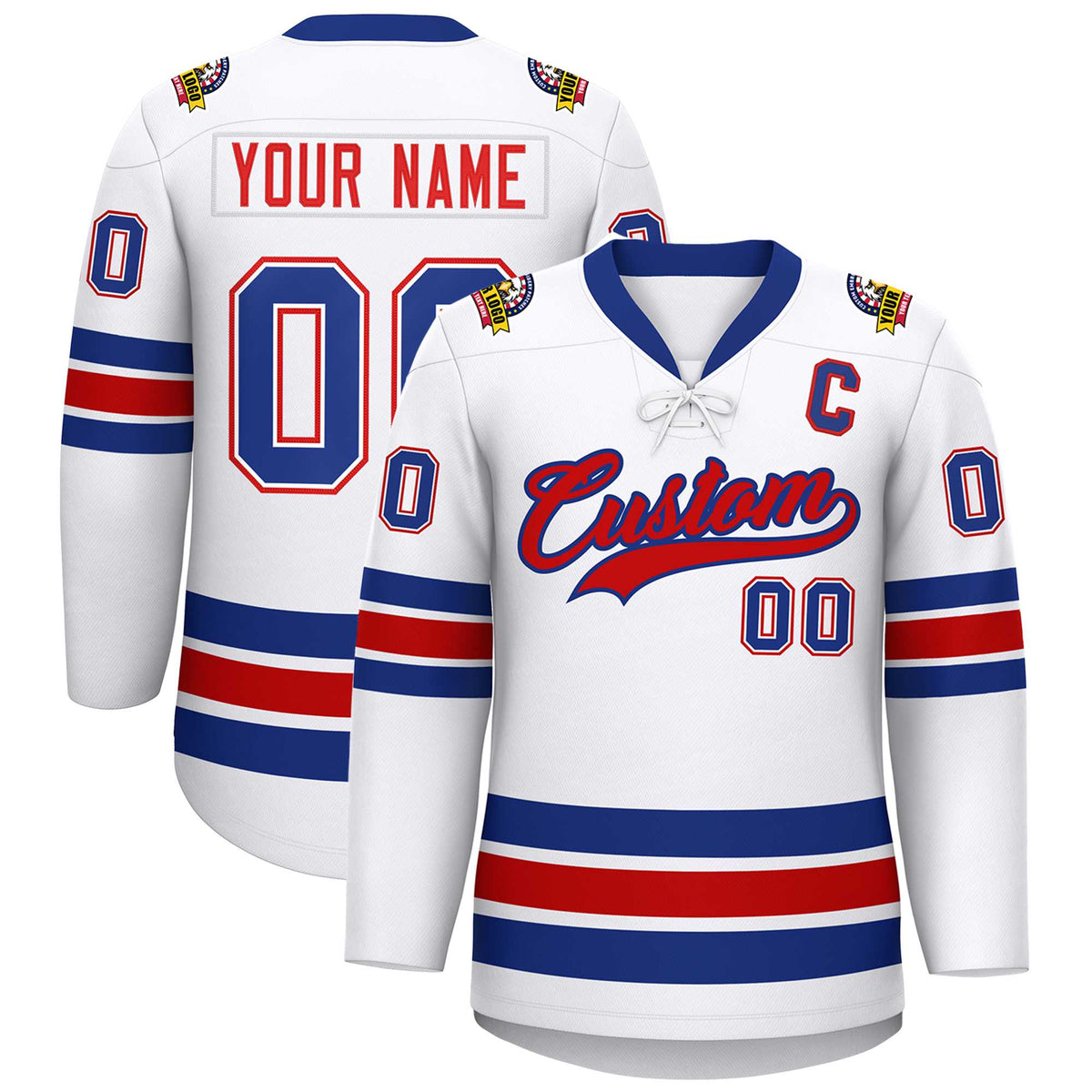 Custom White Royal-Red Lace-Up Neck Hockey Jersey | KXKSHOP