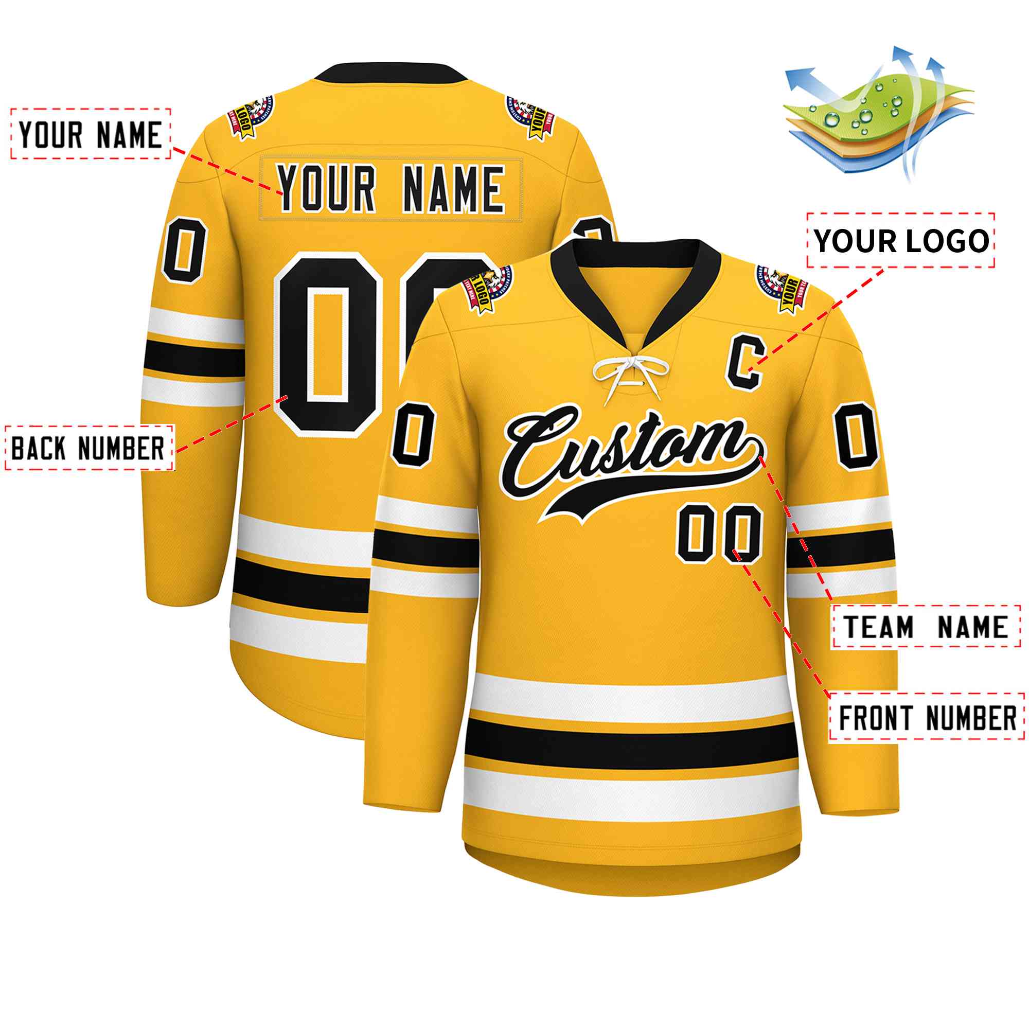 Custom Gold Black-White Lace-Up Neck Hockey Jersey | KXKSHOP