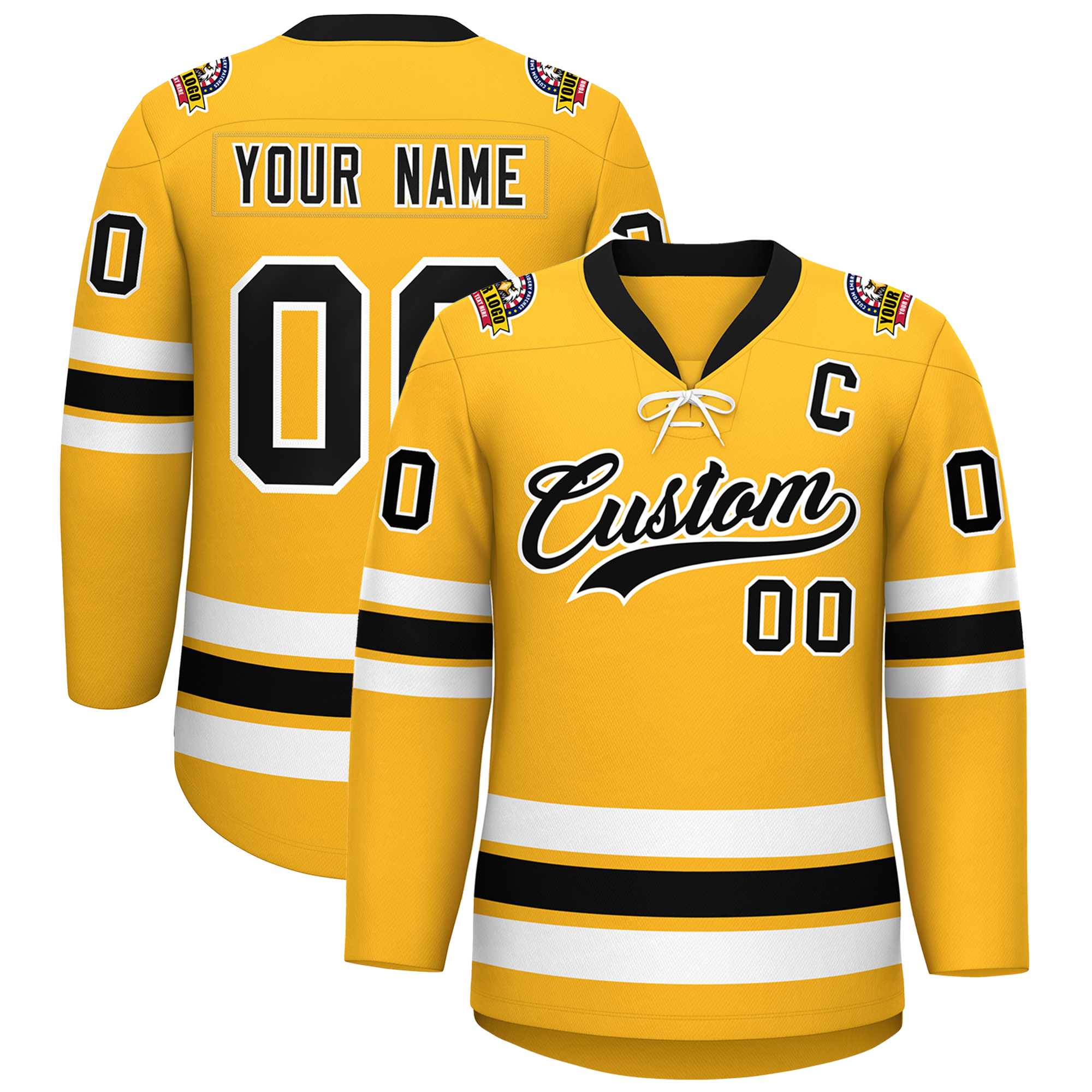 Custom Gold Black-White Lace-Up Neck Hockey Jersey | KXKSHOP
