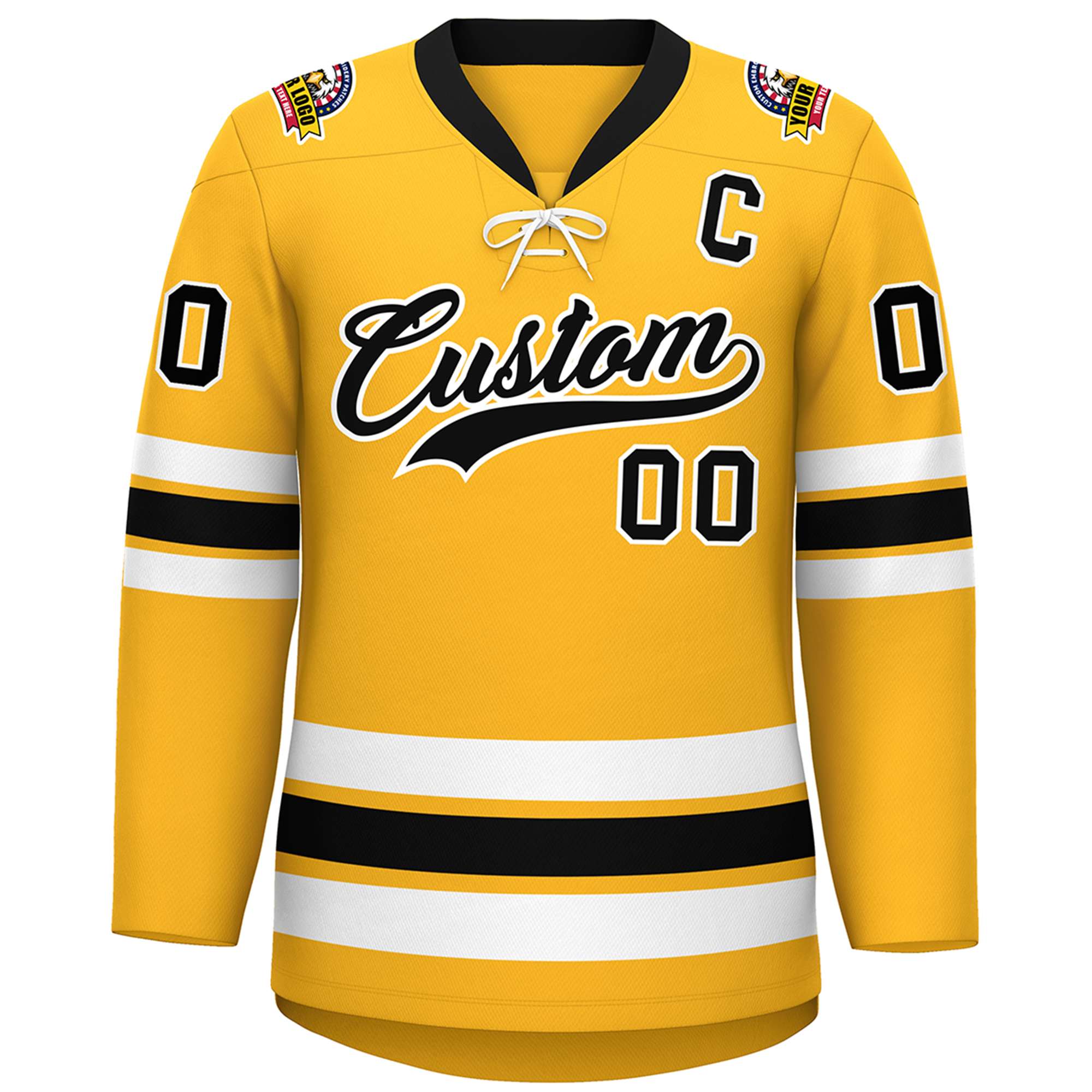 Custom Gold Black-White Lace-Up Neck Hockey Jersey | KXKSHOP