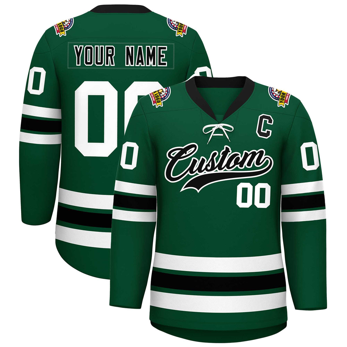 Custom Green Black-White Lace-Up Neck Hockey Jersey | KXKSHOP