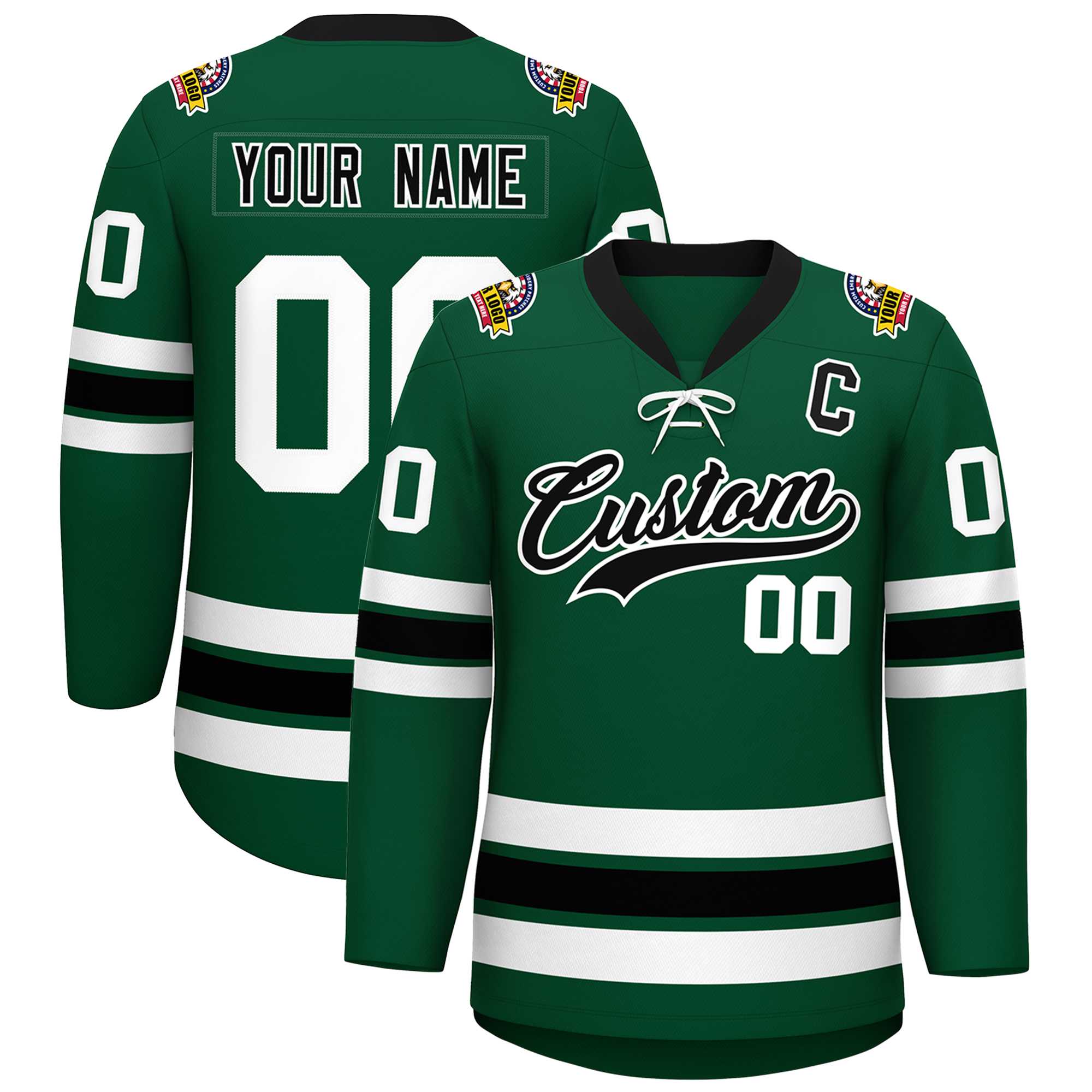 Custom Green Black-White Lace-Up Neck Hockey Jersey | KXKSHOP