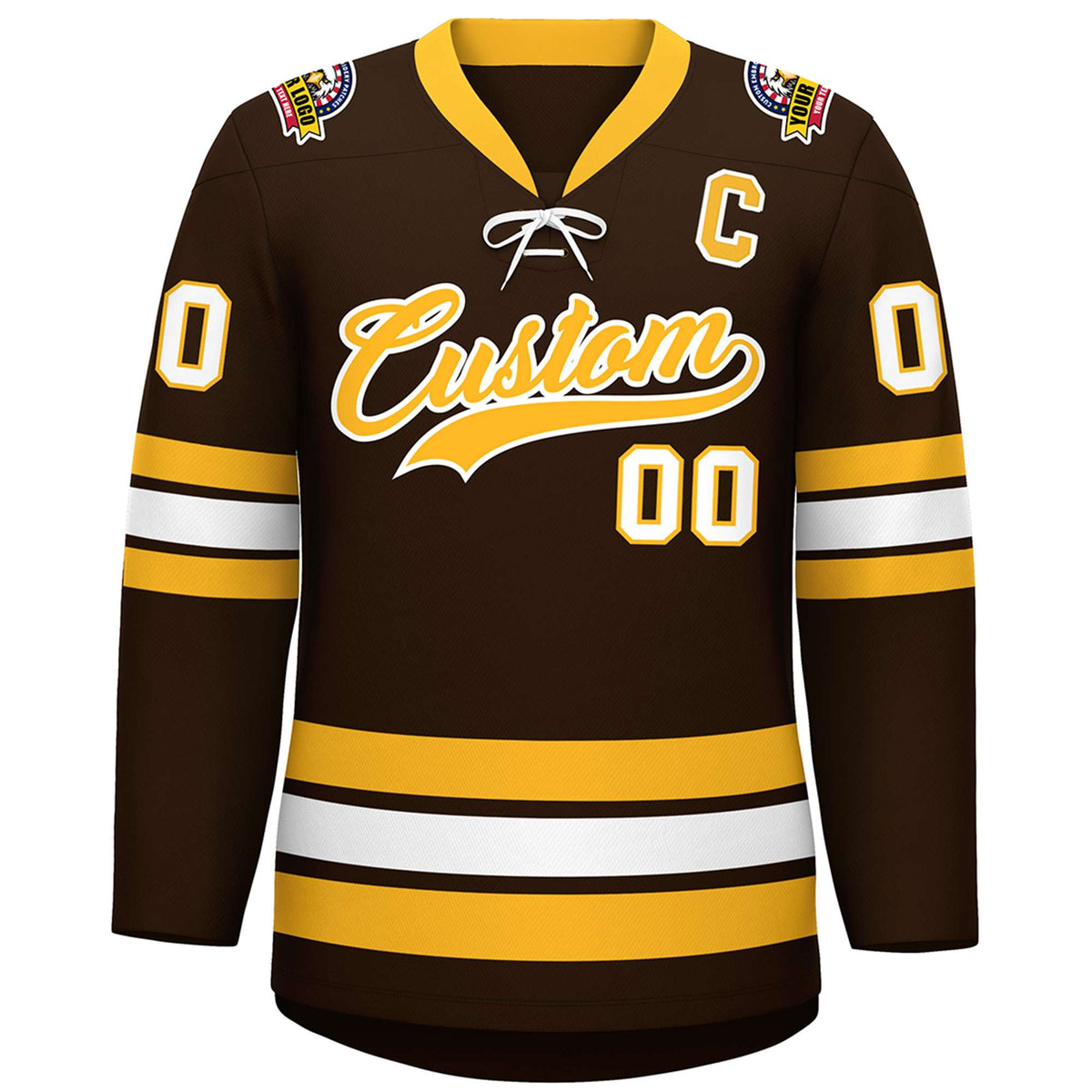 Custom Brown Yellow-White Lace-Up Neck Hockey Jersey | KXKSHOP