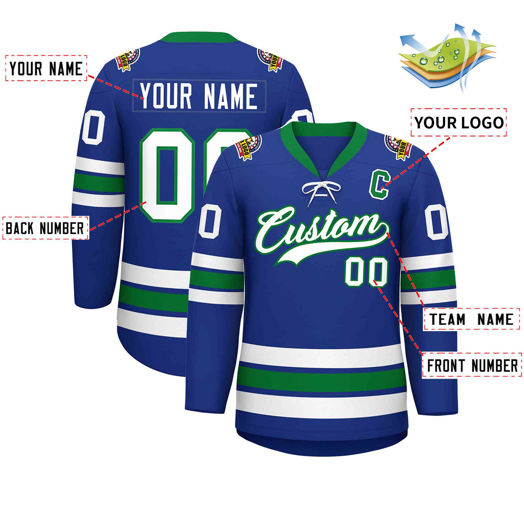 Custom Royal White-Kelly Green Lace-Up Neck Hockey Jersey | KXKSHOP