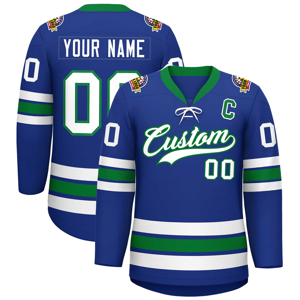 Custom Royal White-Kelly Green Lace-Up Neck Hockey Jersey | KXKSHOP
