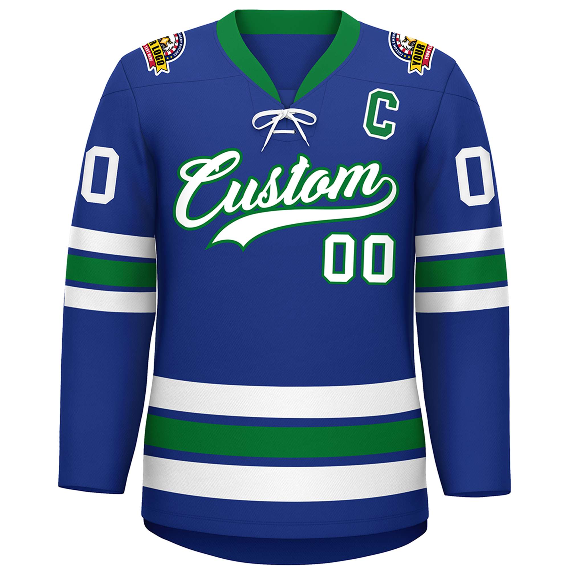 Custom Royal White-Kelly Green Lace-Up Neck Hockey Jersey | KXKSHOP
