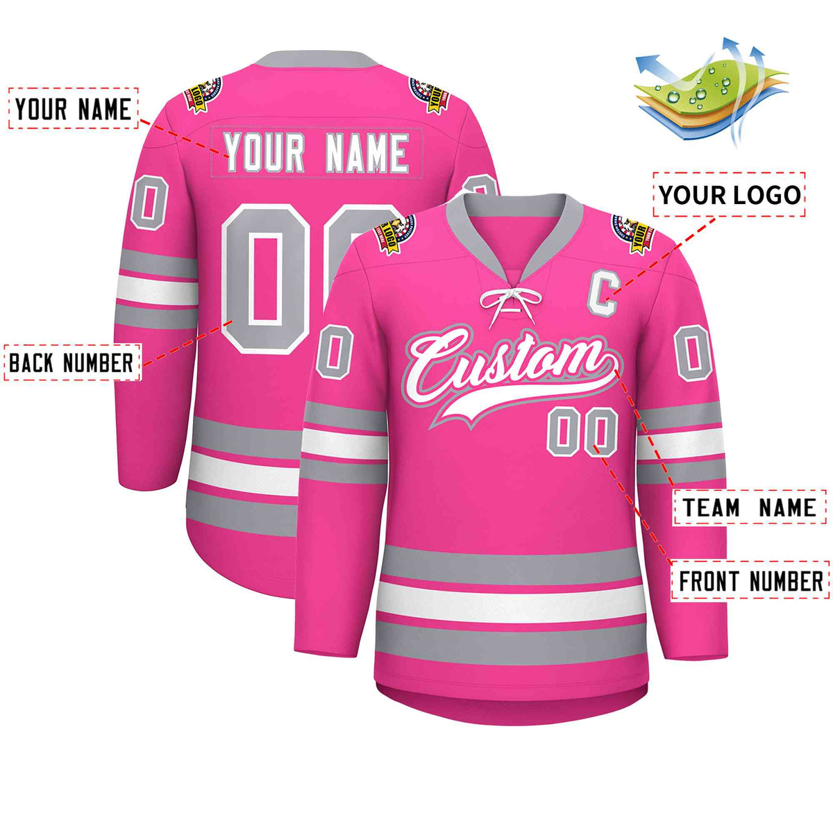 Custom Pink White-Gray Lace-Up Neck Hockey Jersey | KXKSHOP