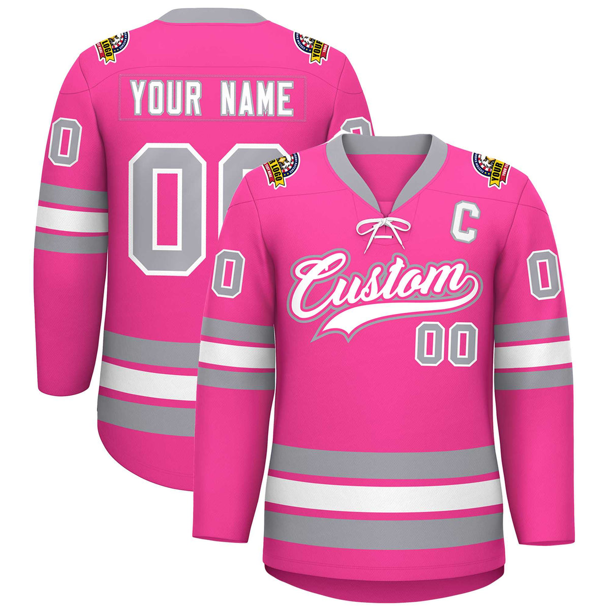 Custom Pink White-Gray Lace-Up Neck Hockey Jersey | KXKSHOP