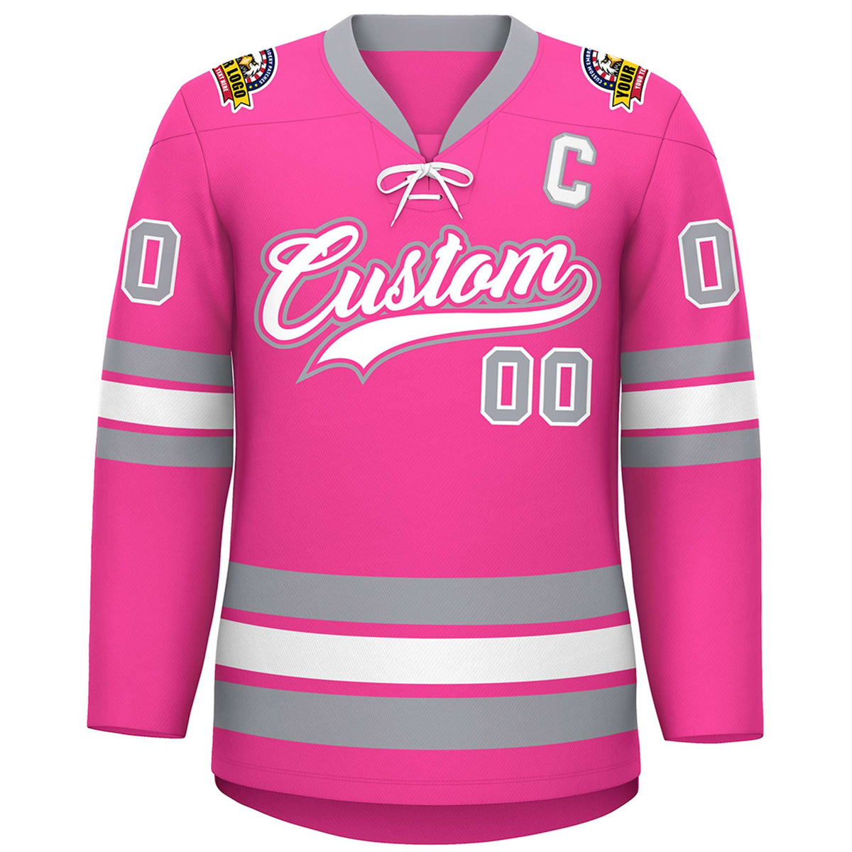 Custom Pink White-Gray Lace-Up Neck Hockey Jersey | KXKSHOP