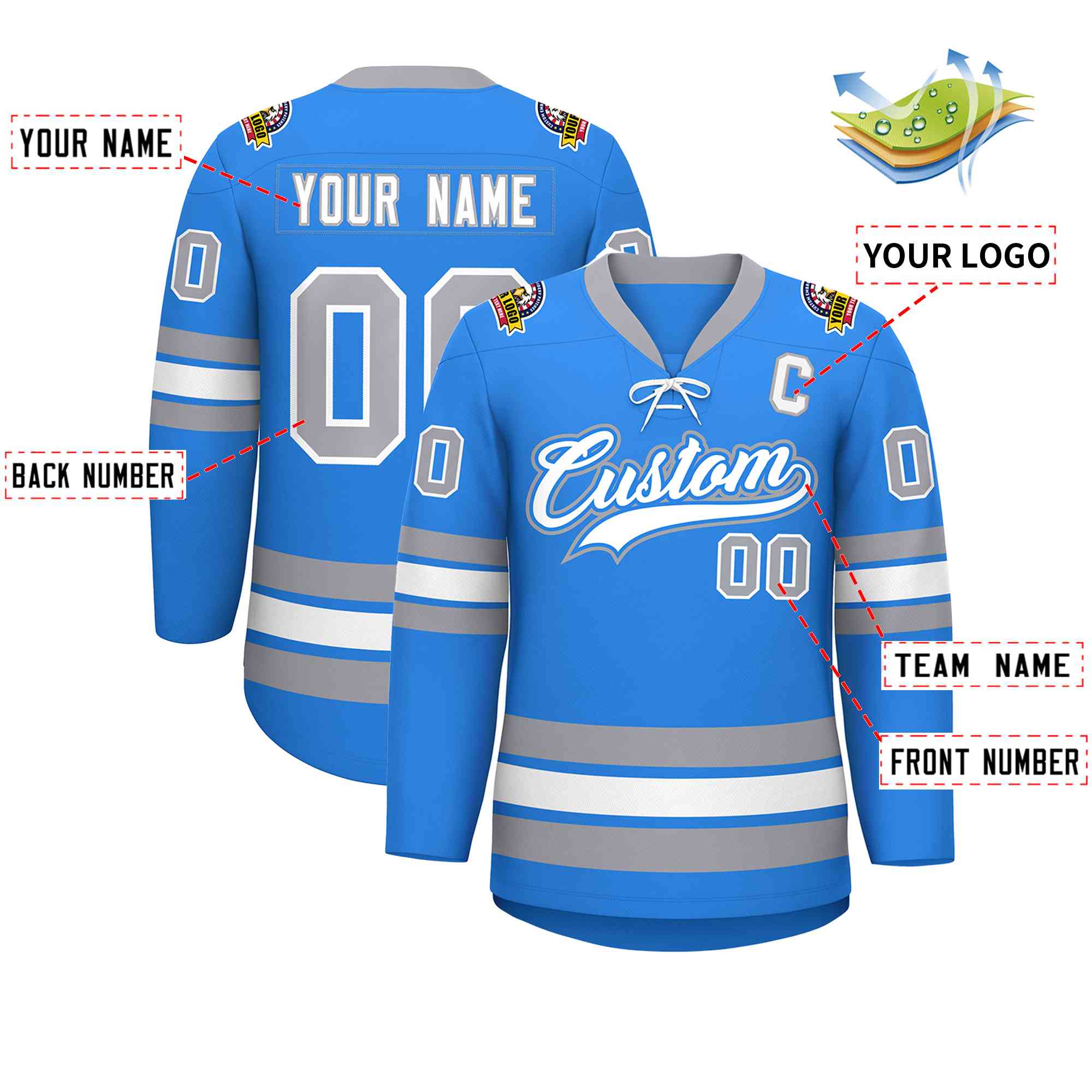 Custom Powder Blue White-Gray Lace-Up Neck Hockey Jersey | KXKSHOP